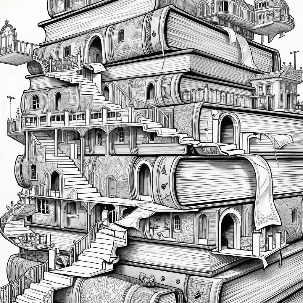 Black and white fantasy illustration of a towering castle made from stacked books with stairways, arches, balconies, and tiny rooms, designed as detailed coloring page for a printable coloring page