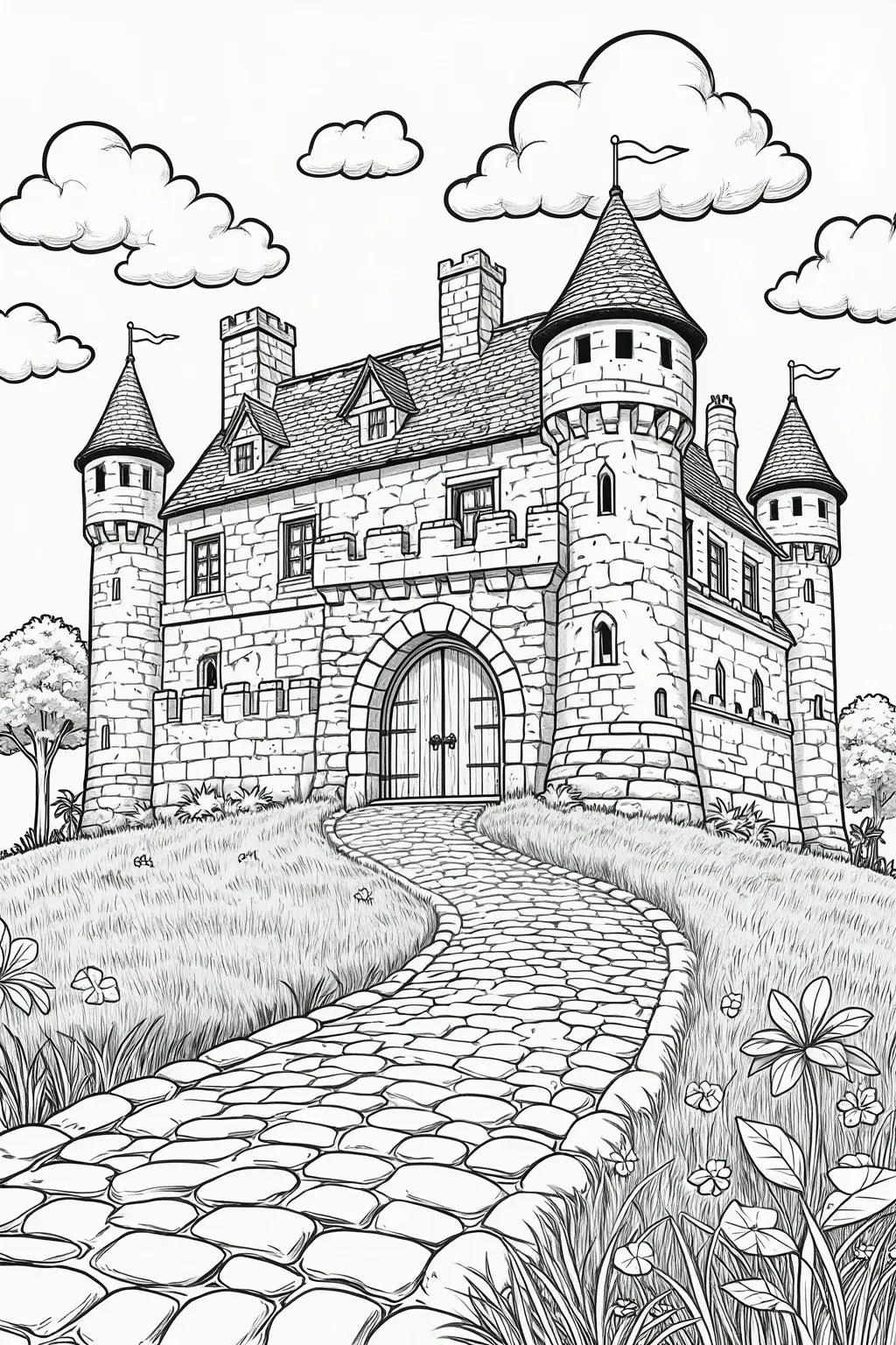 Black and white castle coloring page with towers, stone walls, clouds, a winding path, and detailed grass and flowers; a printable coloring page style image with detailed coloring page, kids' coloring