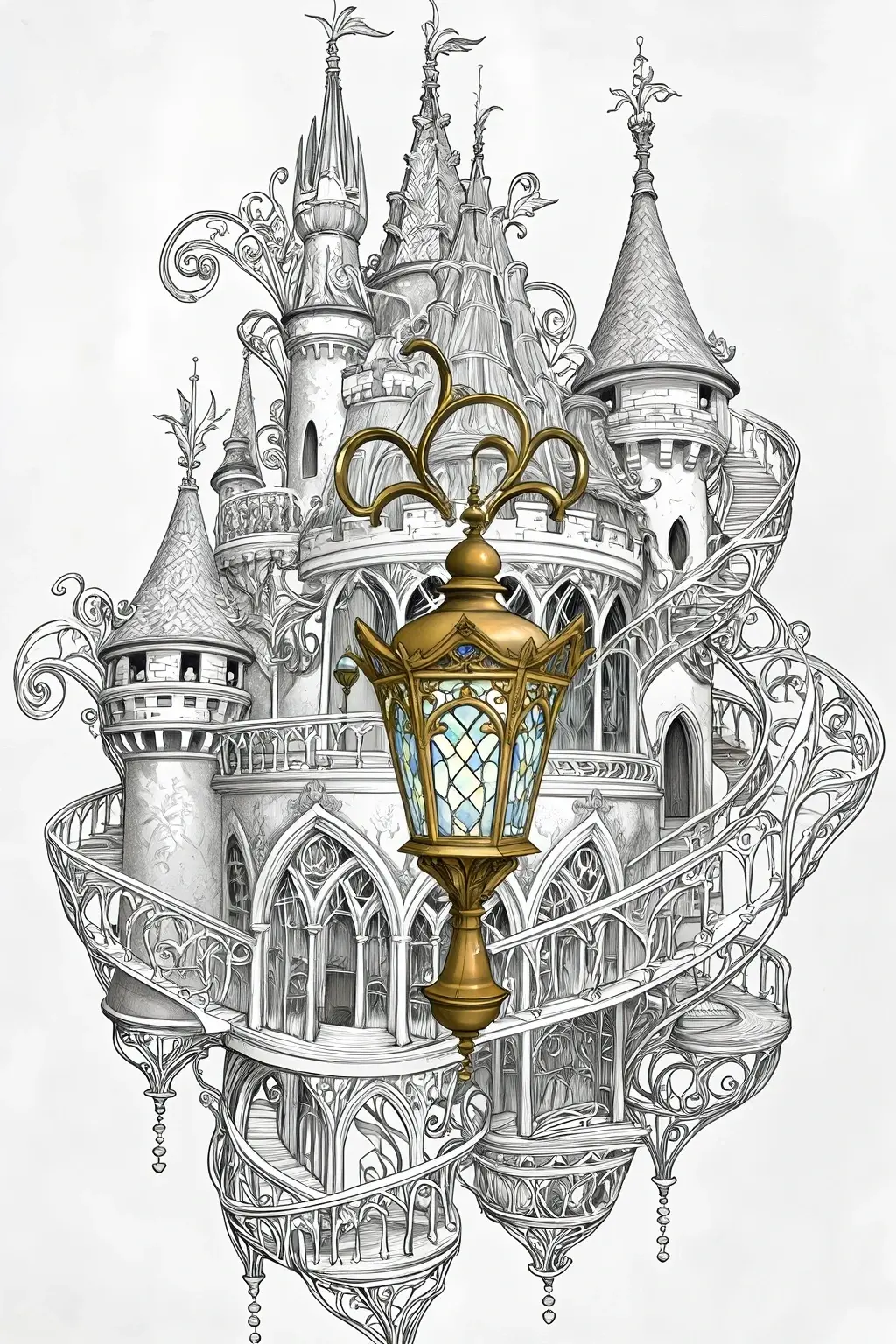 Intricate fantasy castle with ornate towers and a decorative lantern in the foreground, designed as a detailed coloring page with fairy-tale architecture and elegant line art for printable coloring