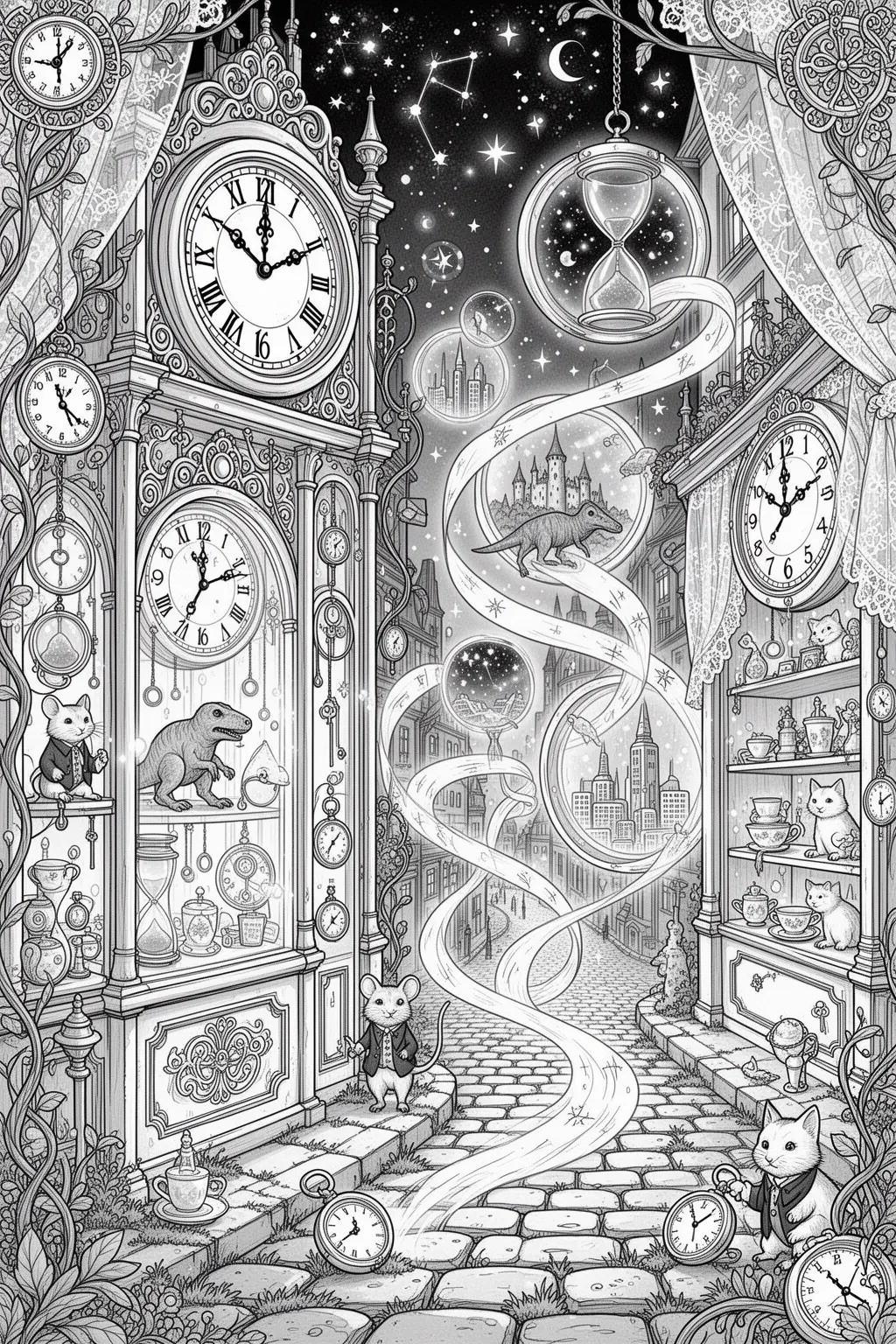 Mystical Clock Shop Time Portals | coloring page Printable.
