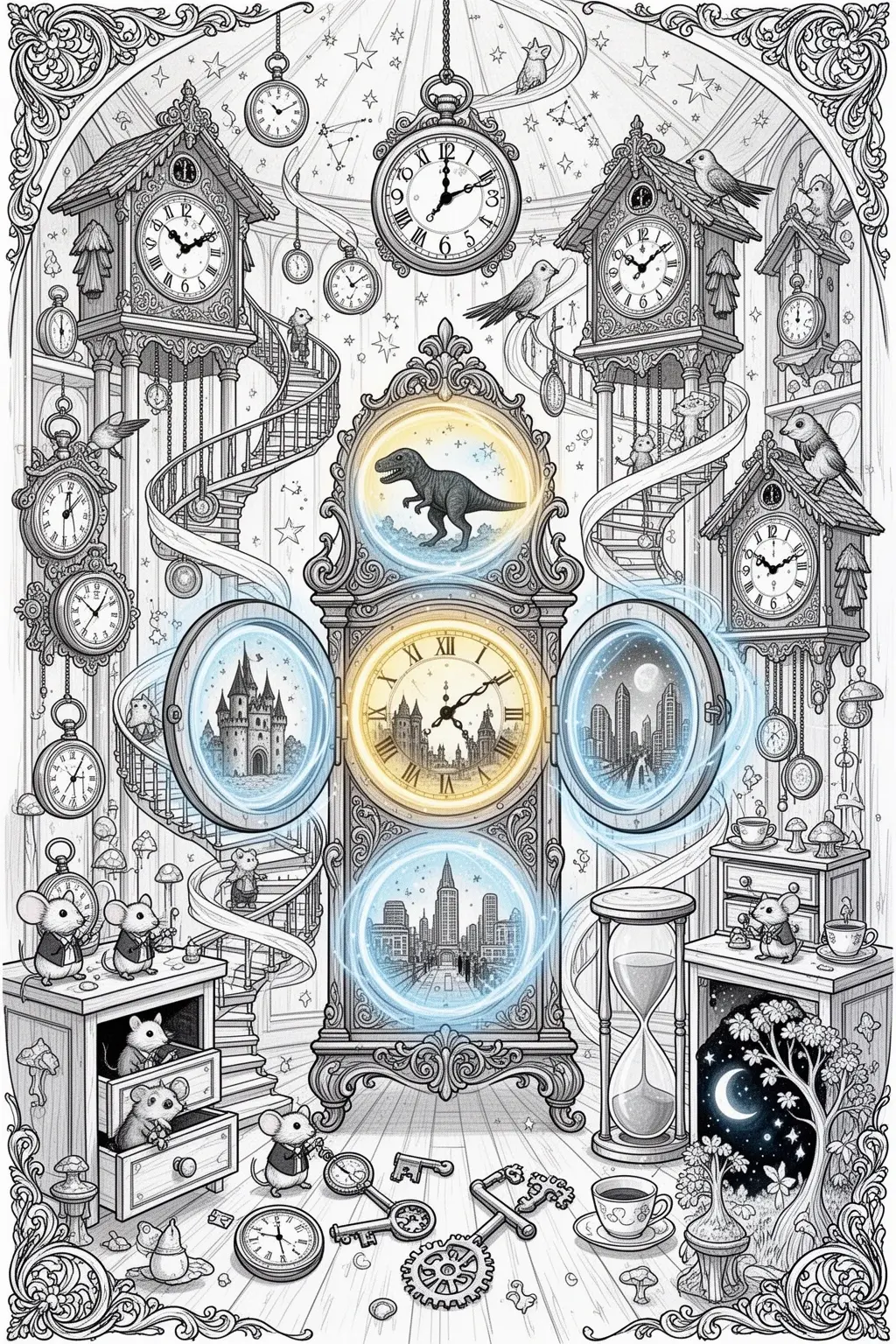 Time-Warp Wonder | Magical Clock Shop coloring page.