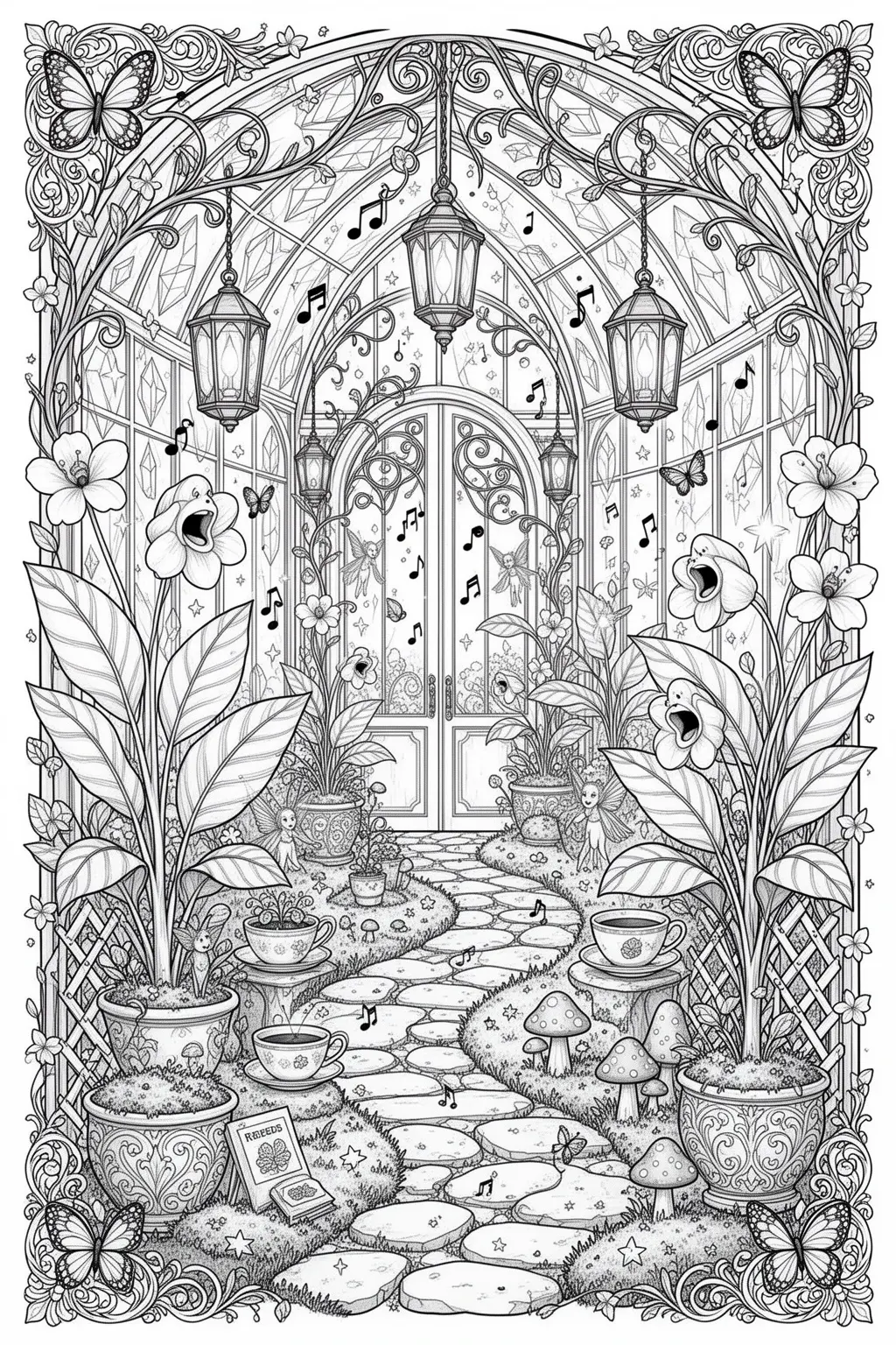 MAGICAL Greenhouse Singing Plants coloring page.