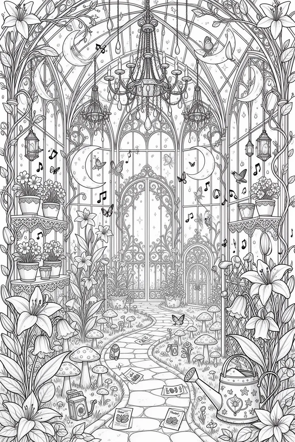 Can You Color This Enchanted Greenhouse of Singing Plants? coloring page.