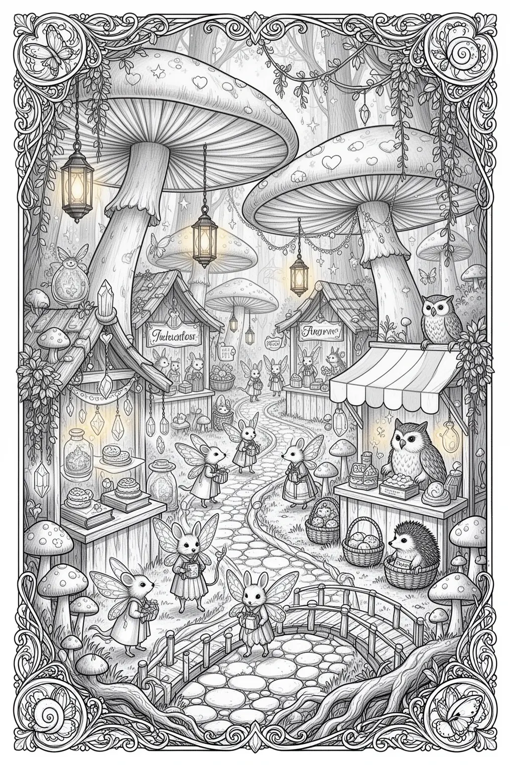 Can You Color This Magical Mushroom Fairy Marketplace? coloring page.