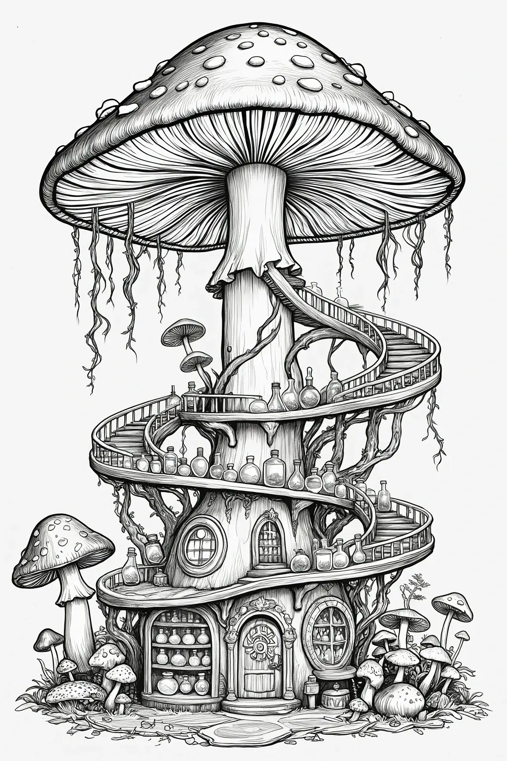 Black and white detailed coloring page of a magical mushroom house with winding staircases, tiny bottles, and forest mushrooms, designed as a whimsical printable coloring page illustration and