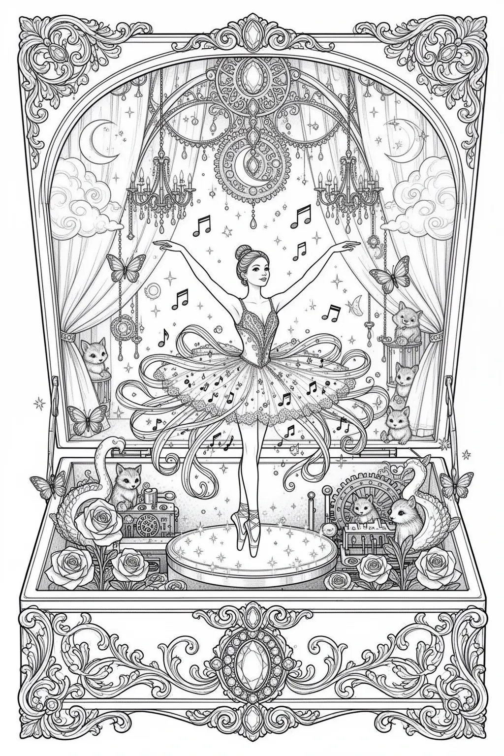 Enchanted Ballerina Dreams | Magical Music Box coloring page.