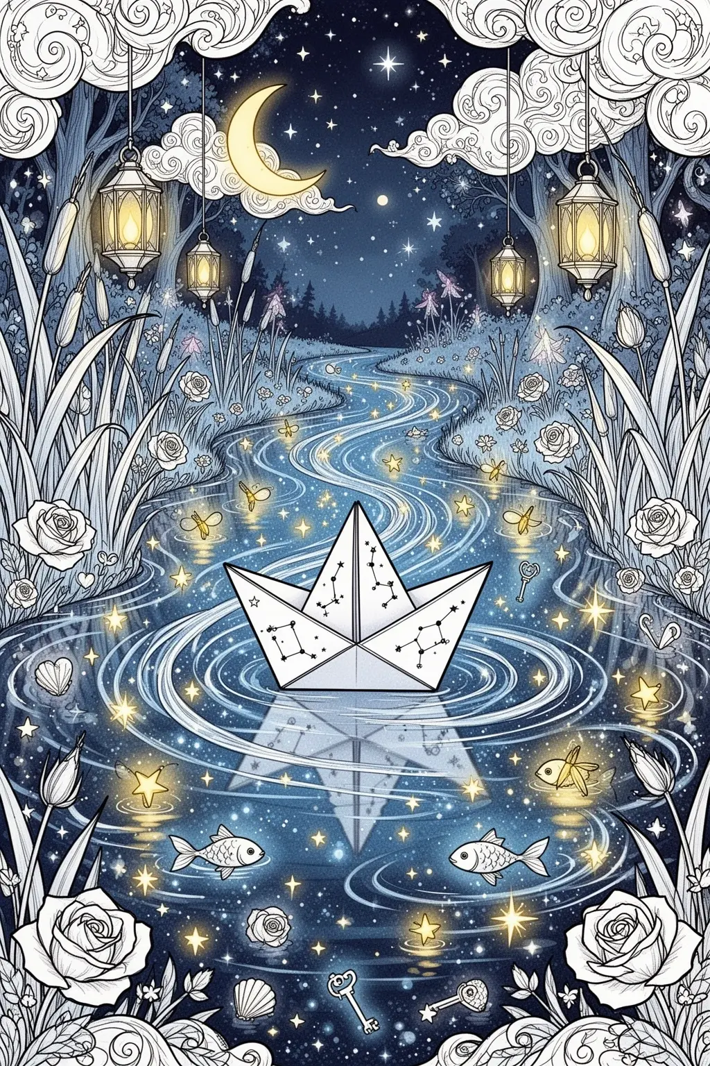 Magical Paper Boat coloring page for a Starry River Adventure.