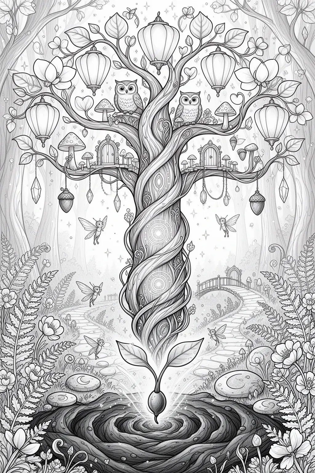 Magical Seed to Fairy Tree | Whimsical coloring page Printable.