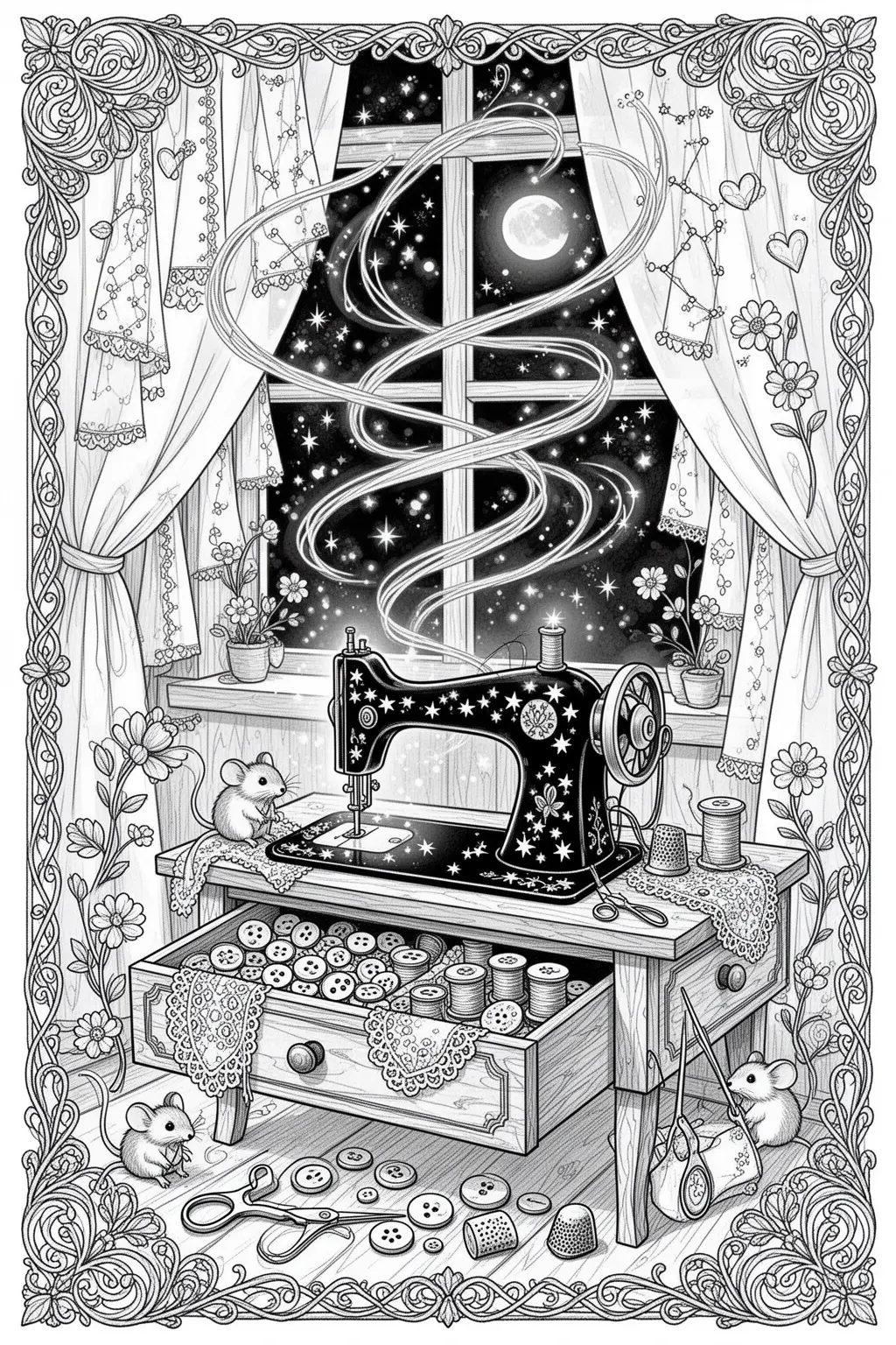 Enchanted Thread Dreams Magical Sewing Room coloring page.