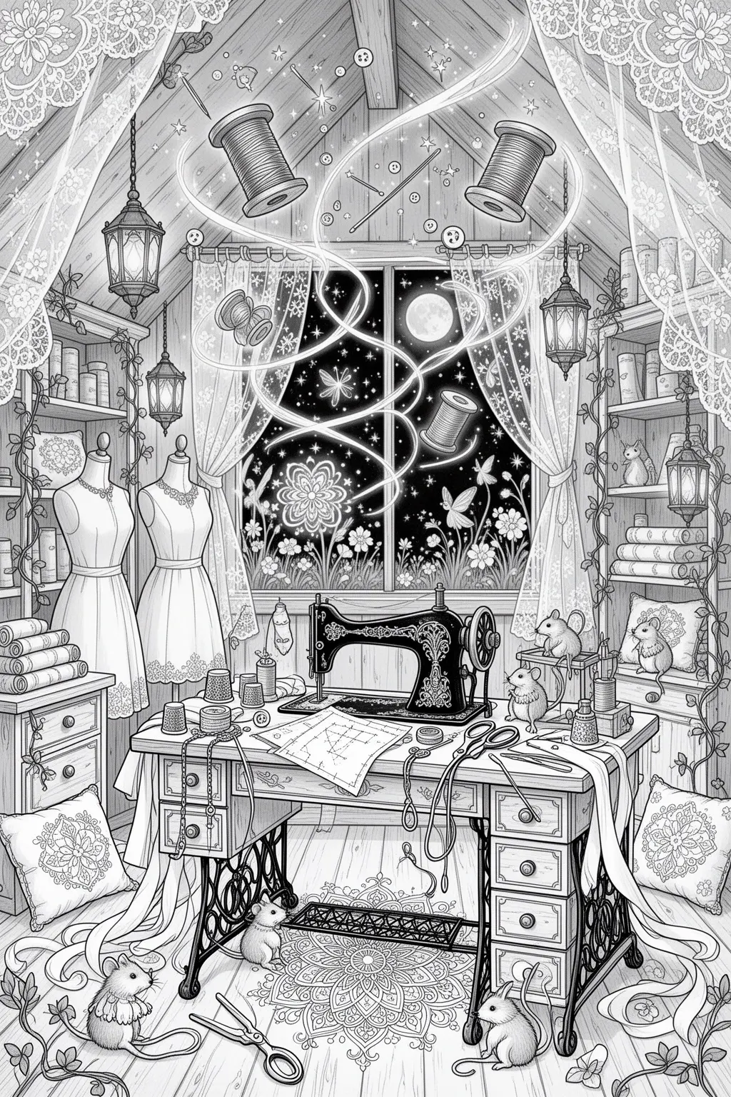 Enchanted Thread Atelier | Magical Sewing Room coloring page.