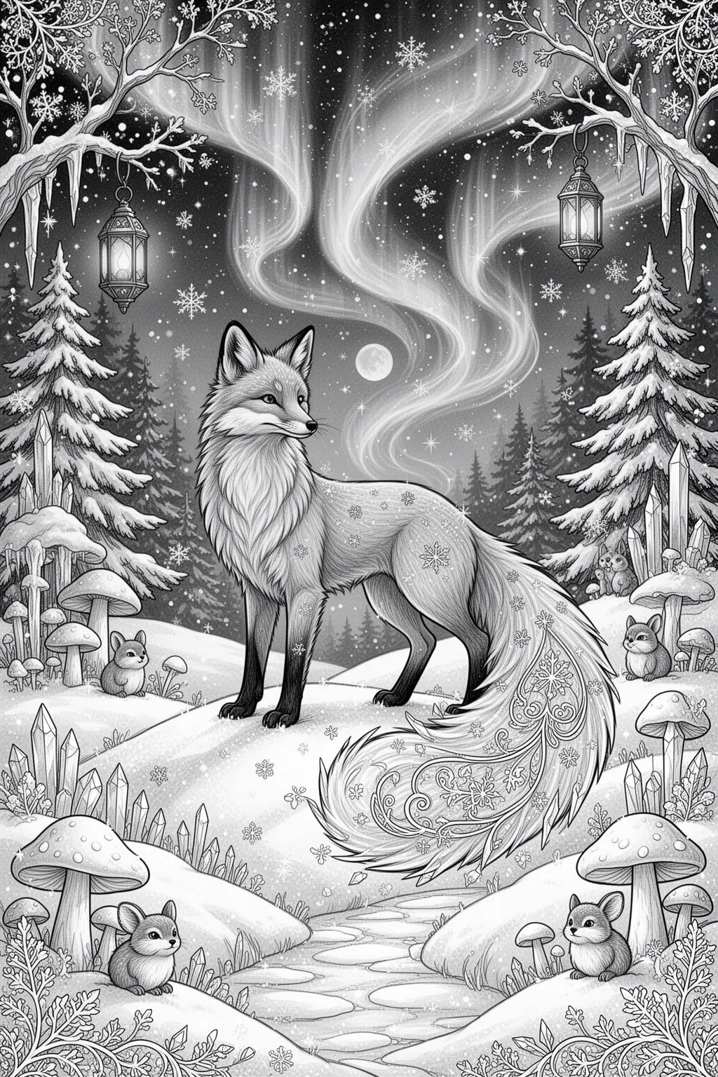 Enchanting Snow Fox coloring page.