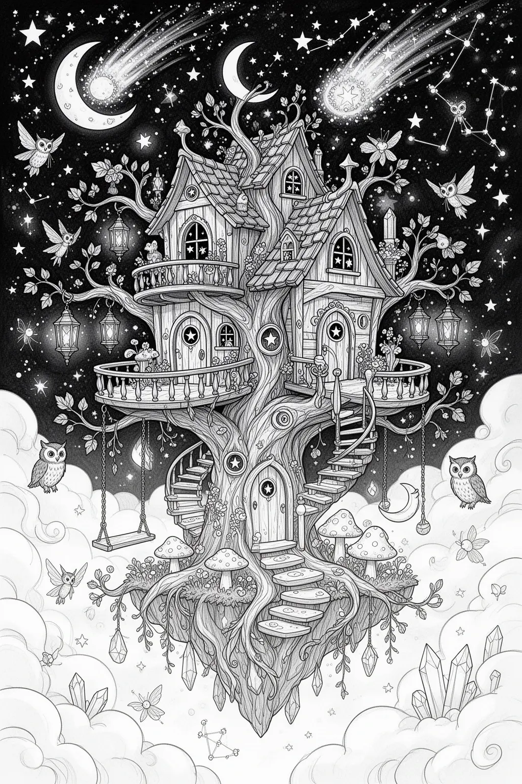 Starry Treehouse Magic coloring page.