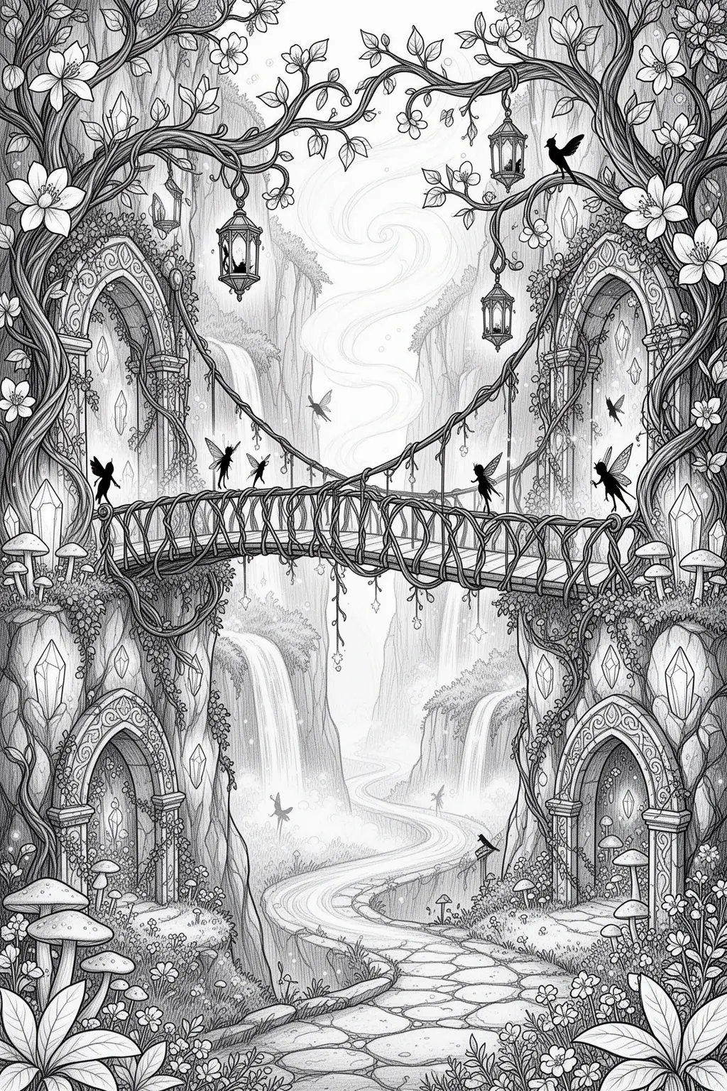 Enchanted Vine Bridge coloring page for Dreamy Fantasy Escape.