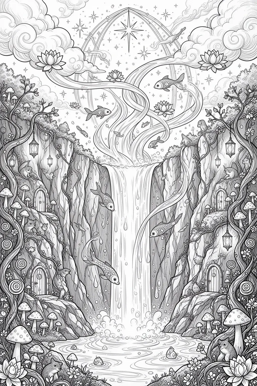 Black and white printable magical waterfall that flows upward coloring page for kids, teachers, families, and relaxing creative time.