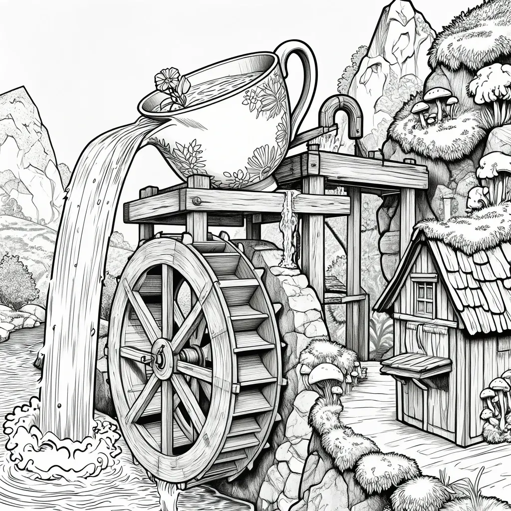 Black and white detailed coloring page illustration of a magical watermill village with a large water wheel, flowing water, cottage, rocky cliffs, and whimsical mushrooms, designed as printable