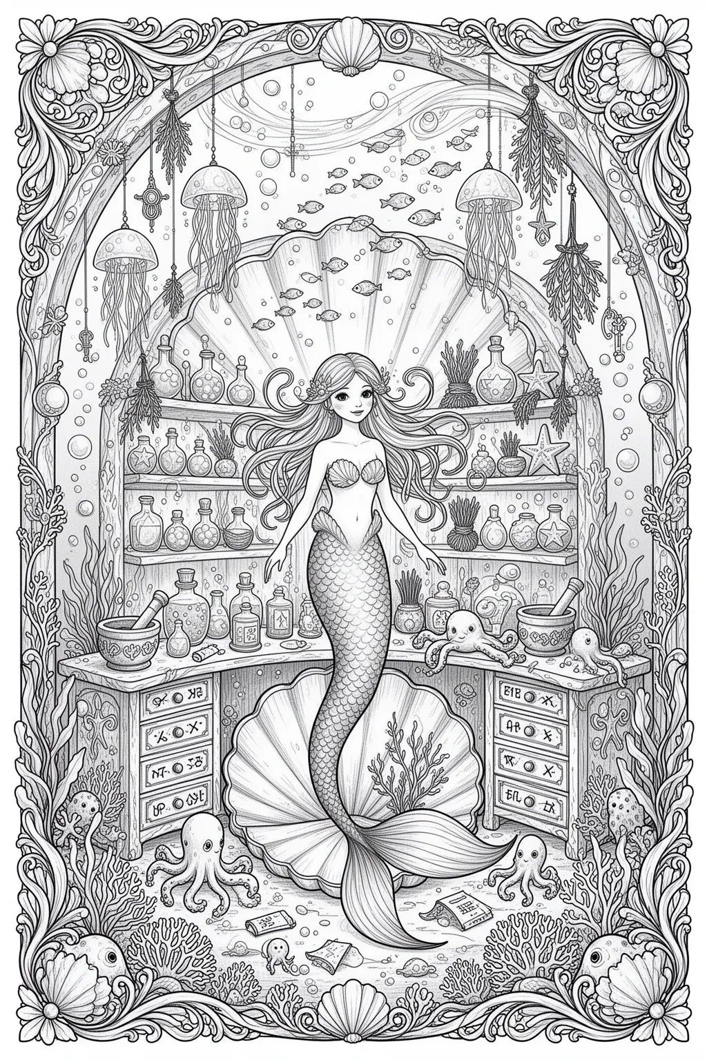 Undersea Magic | Mermaid Apothecary coloring page.