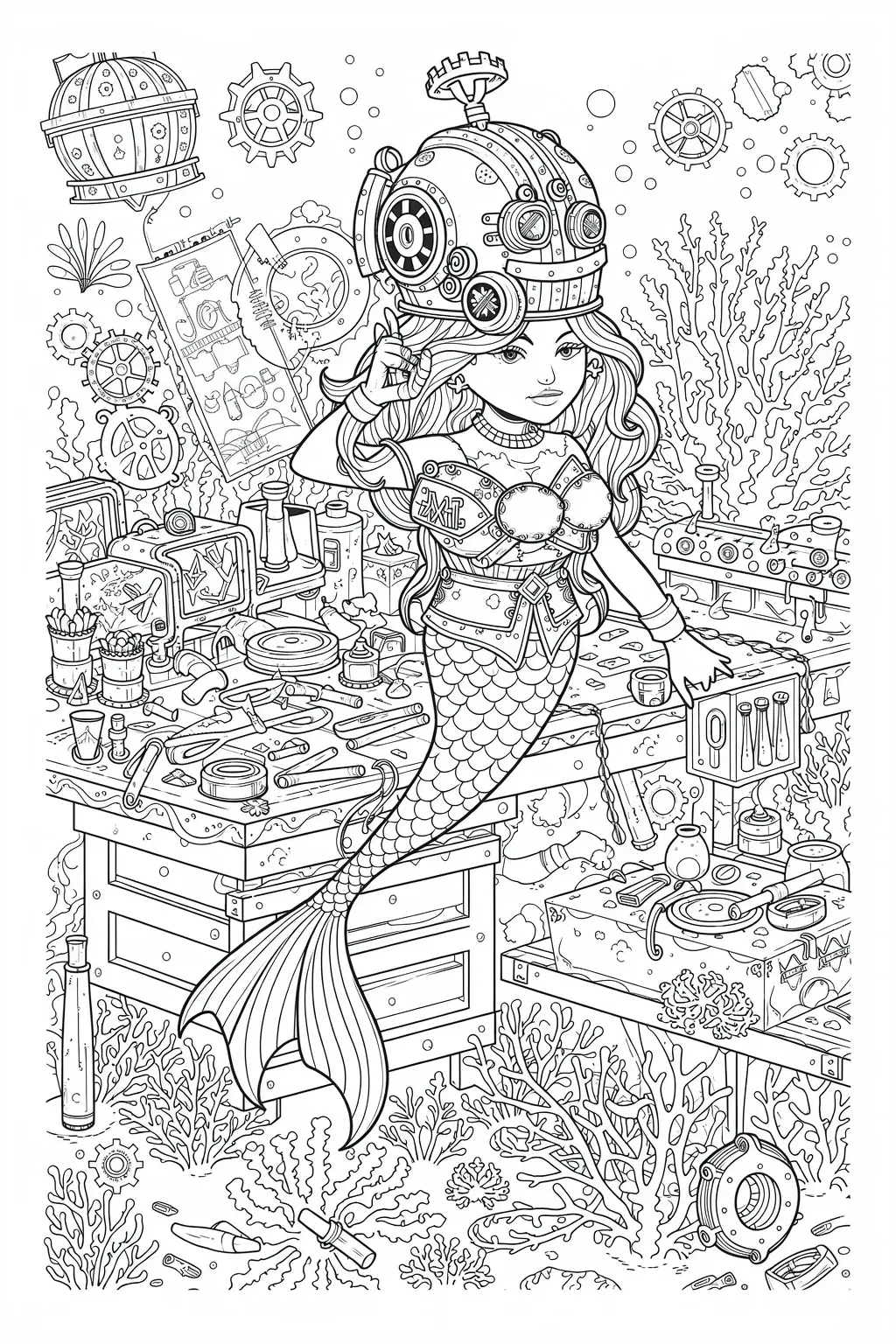 Steampunk mermaid in an underwater workshop full of gears, tools, coral and gadgets detailed coloring page, kids' coloring page, printable coloring page and coloring sheets.
