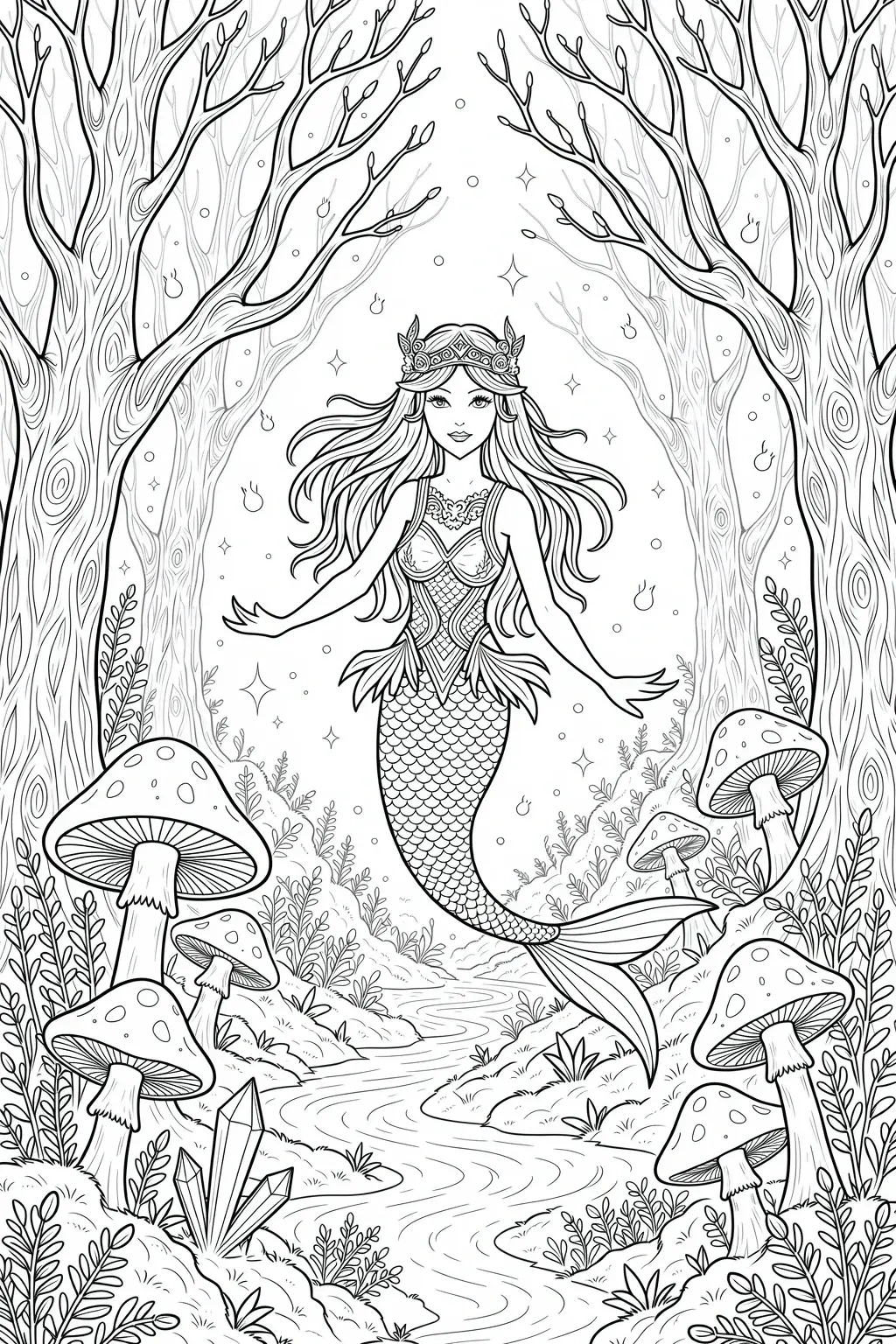 Black-and-white mermaid coloring page in a forest stream with mushrooms, crystals and trees detailed coloring page, kids' coloring page, printable coloring page, coloring sheets.