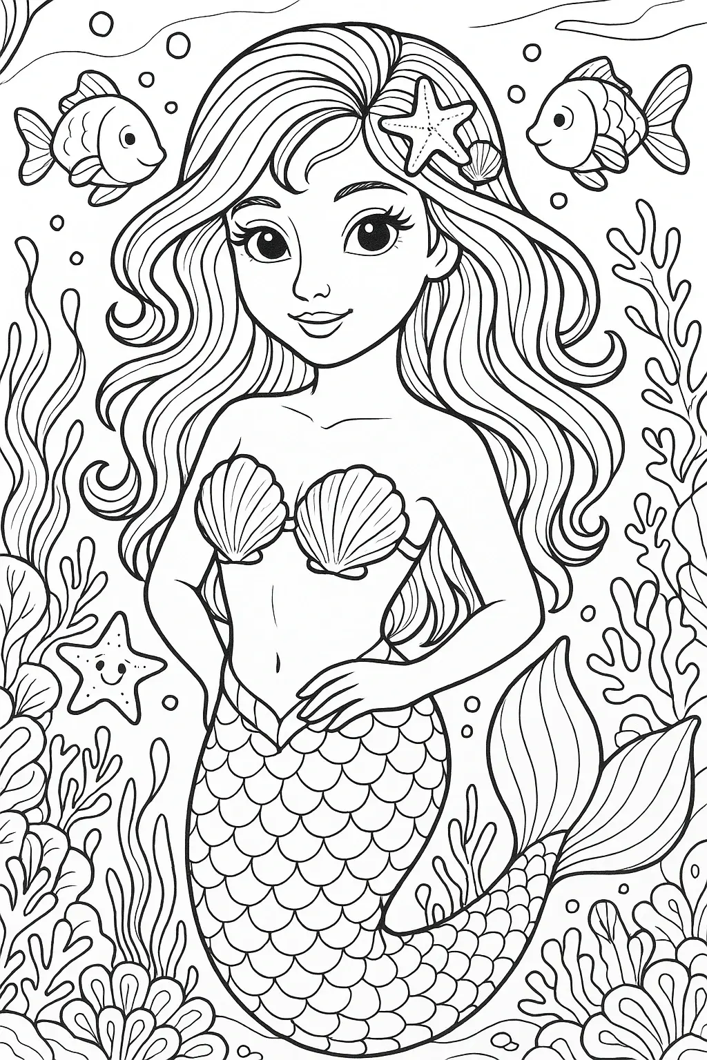 Black and white mermaid coloring page with seashell top, fish, starfish and seaweed detailed coloring page, kids' coloring page, printable coloring page and coloring sheets.