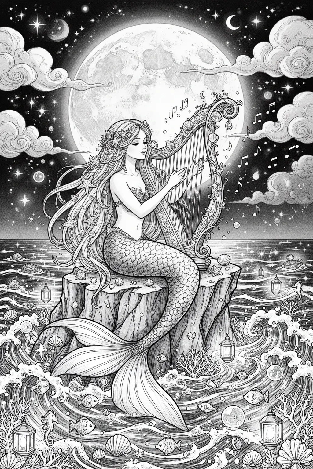 Moonlit Mermaid Magic coloring page.