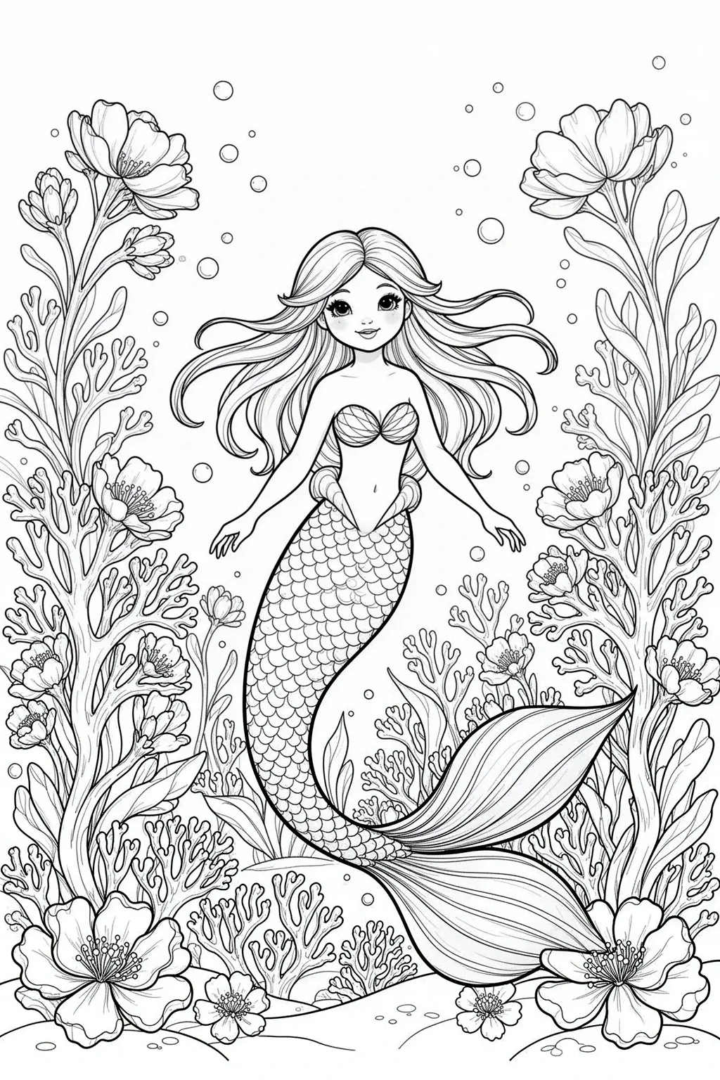 Black-and-white coloring page of mermaid coral garden coloring page.