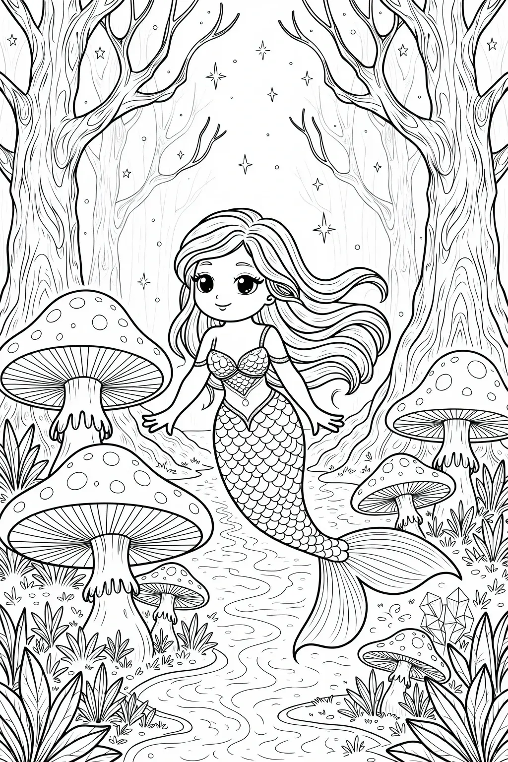 Black and white mermaid scene in an enchanted forest with giant mushrooms detailed coloring page and kids' coloring page style, perfect printable coloring page and coloring sheets for fantasy lovers.