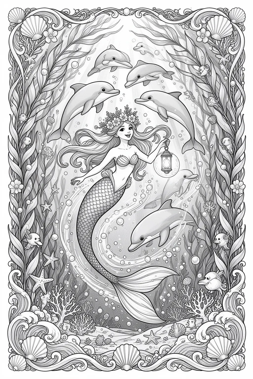 Black and white coloring page of mAGICAL Mermaid & Dolphins Racing Through Kelp Printable