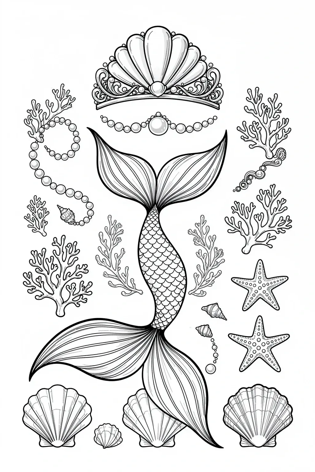 Black and white coloring page of black-and-white printable mermaid motif sheet with shells, pearls, and ocean-inspired details