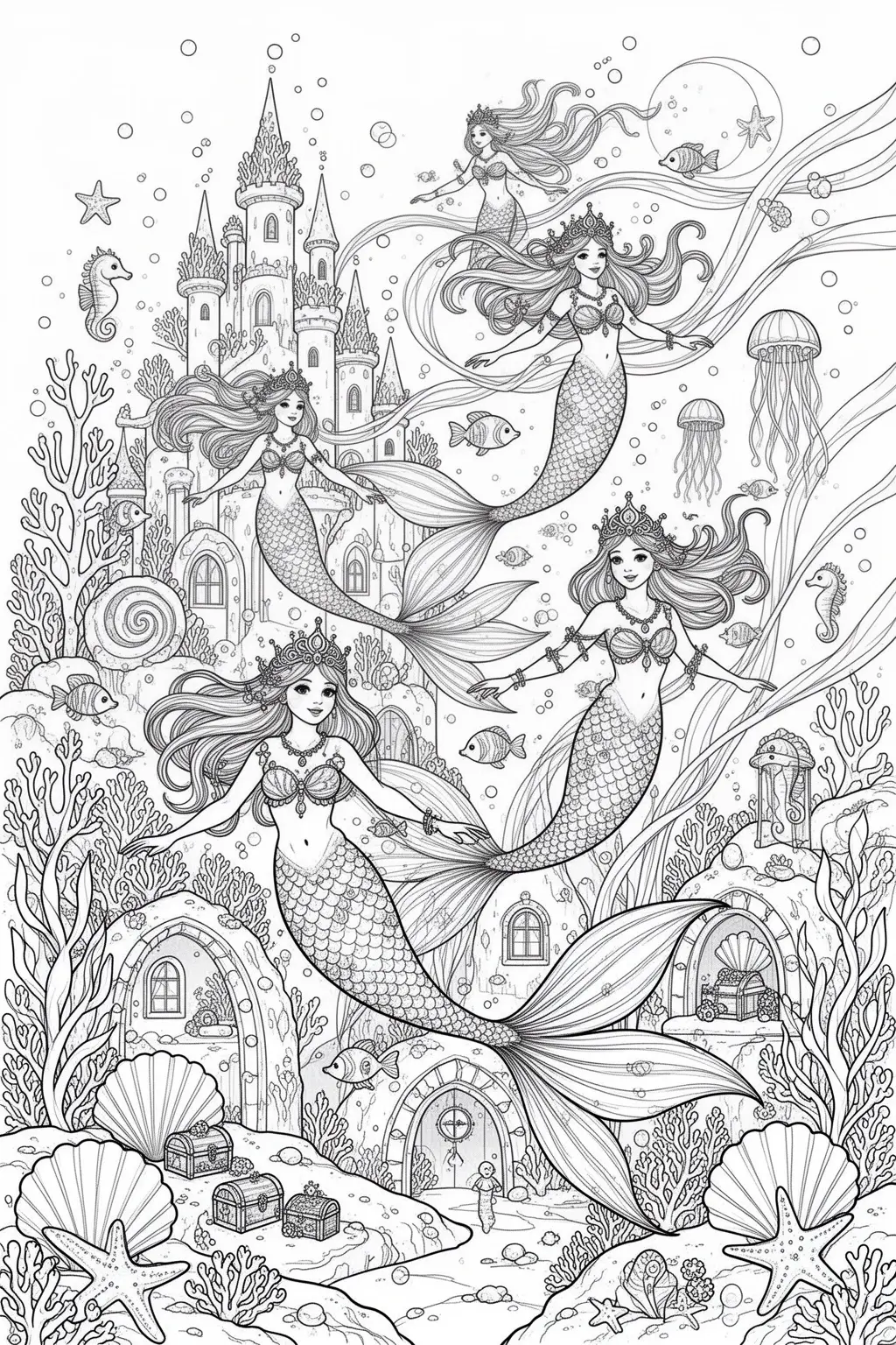 Magical Mermaid Coral Reef School coloring page.