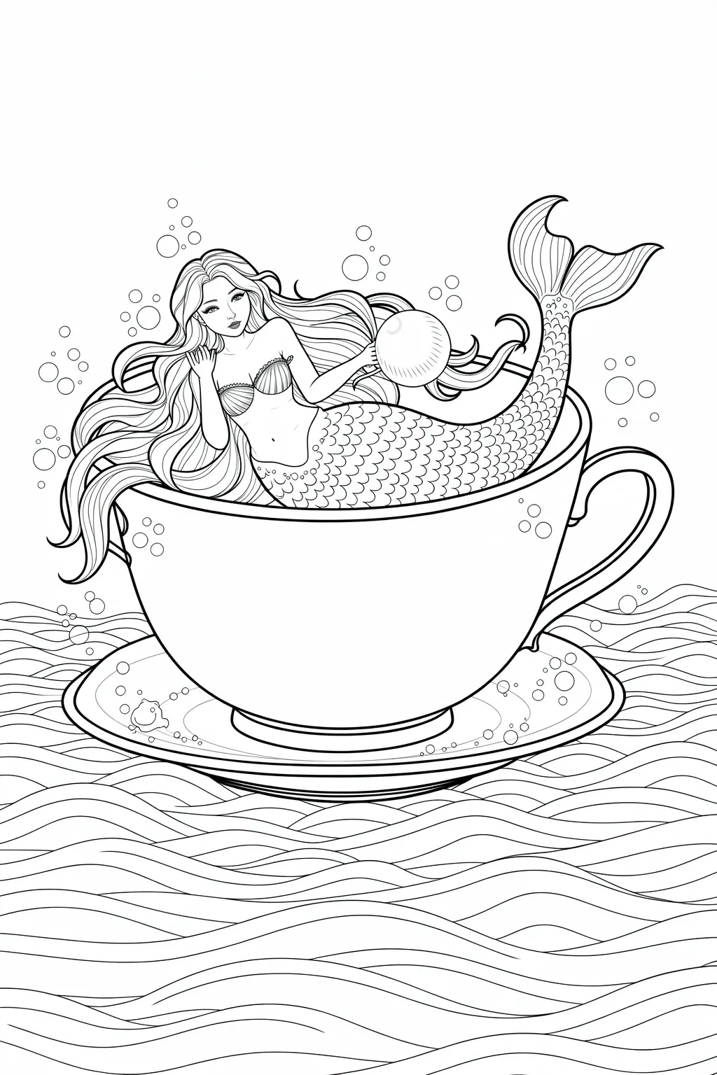 Black-and-white mermaid lounging in a large teacup on the waves holding a bubble line art ideal for detailed coloring page, kids' coloring page, printable coloring page and coloring sheets.