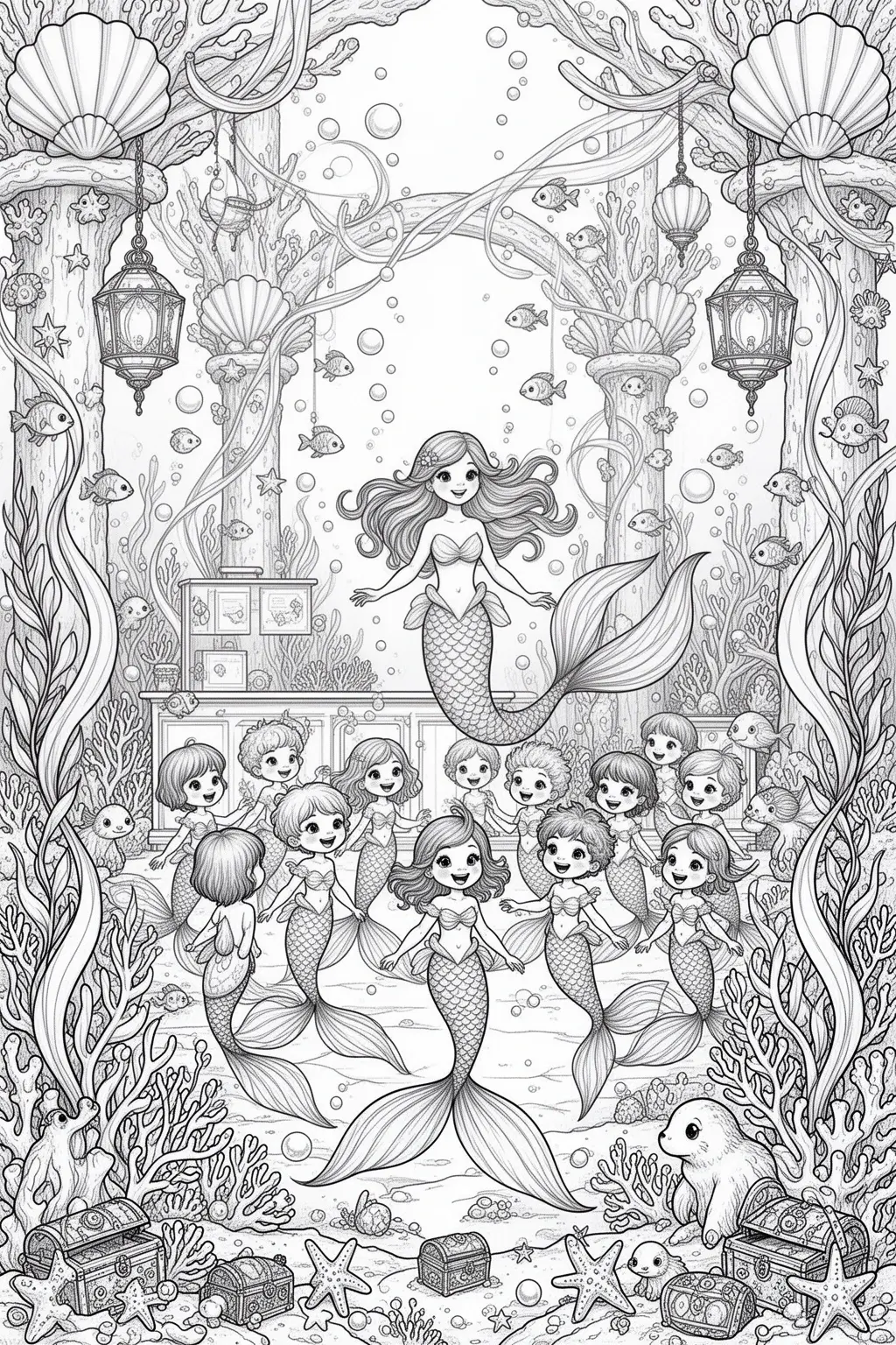 Enchanted Mermaid Reef School | coloring page.