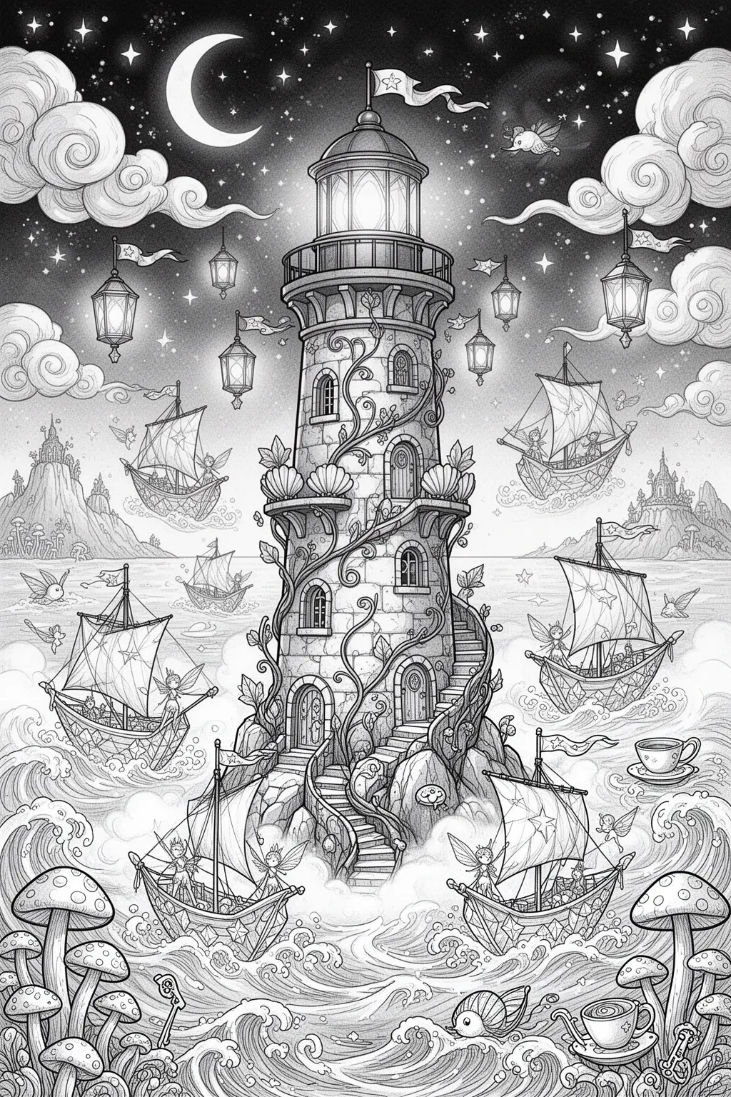 Moonbeam Harbor Magical Lighthouse coloring page.