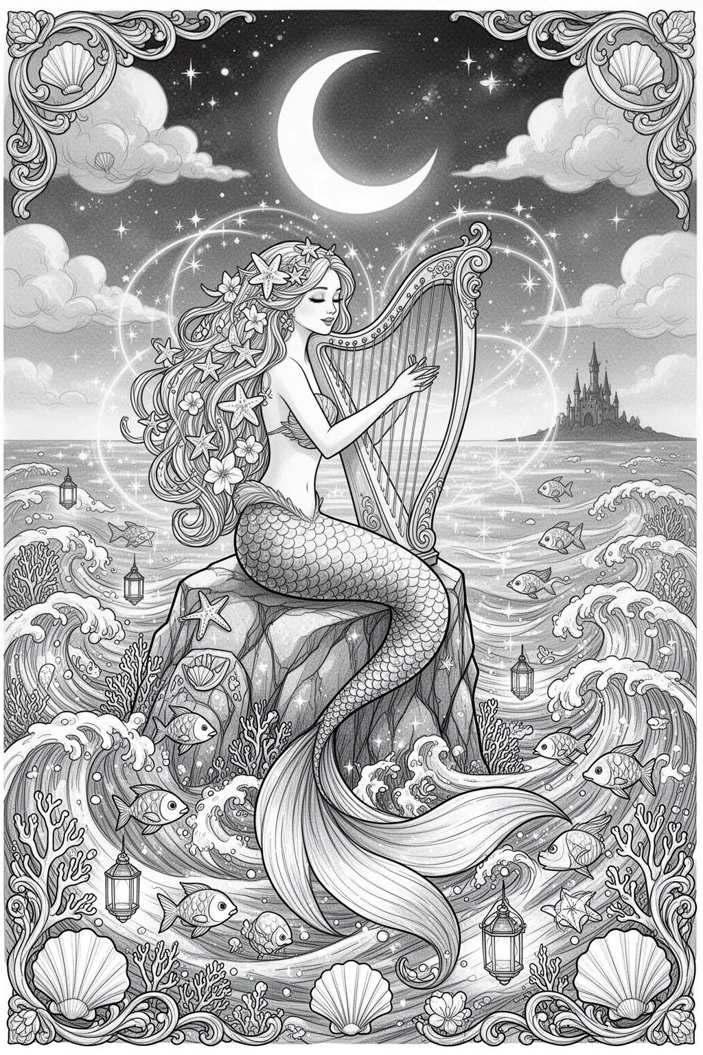 Moonlit Mermaid Harp Magic coloring page.