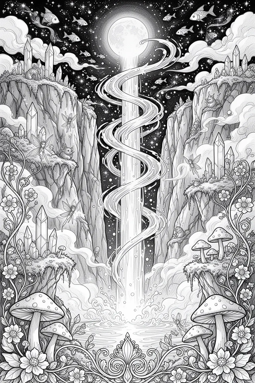 Moonlit Waterfall Printable coloring page.