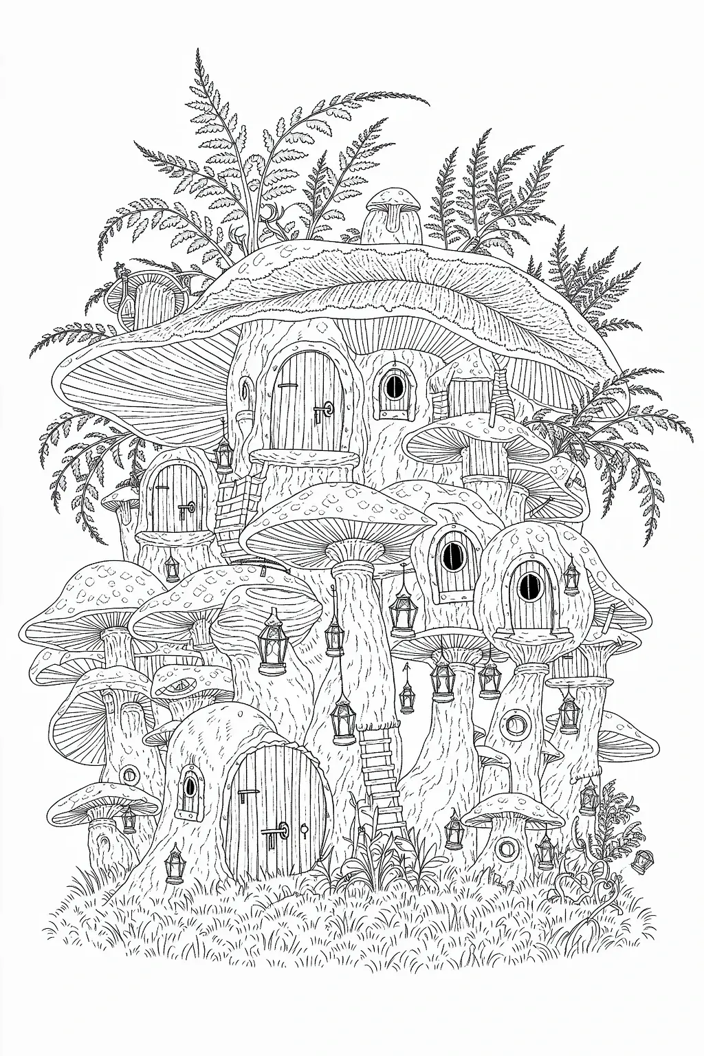 Black-and-white fantasy mushroom village coloring page for a printable coloring page with detailed coloring page, kids' coloring page, and coloring sheets fairy house scene with lanterns, ladders, and