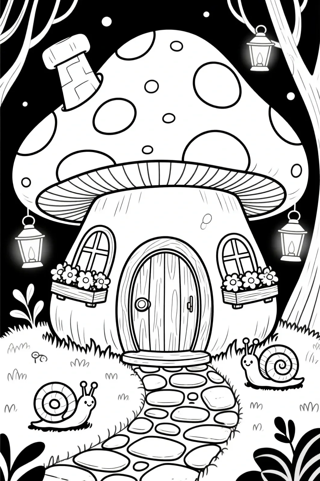 Whimsical mushroom house coloring page with smiling snails, lanterns and flower boxes detailed coloring page for kids' coloring page, printable coloring page and coloring sheets, spring animal scene.
