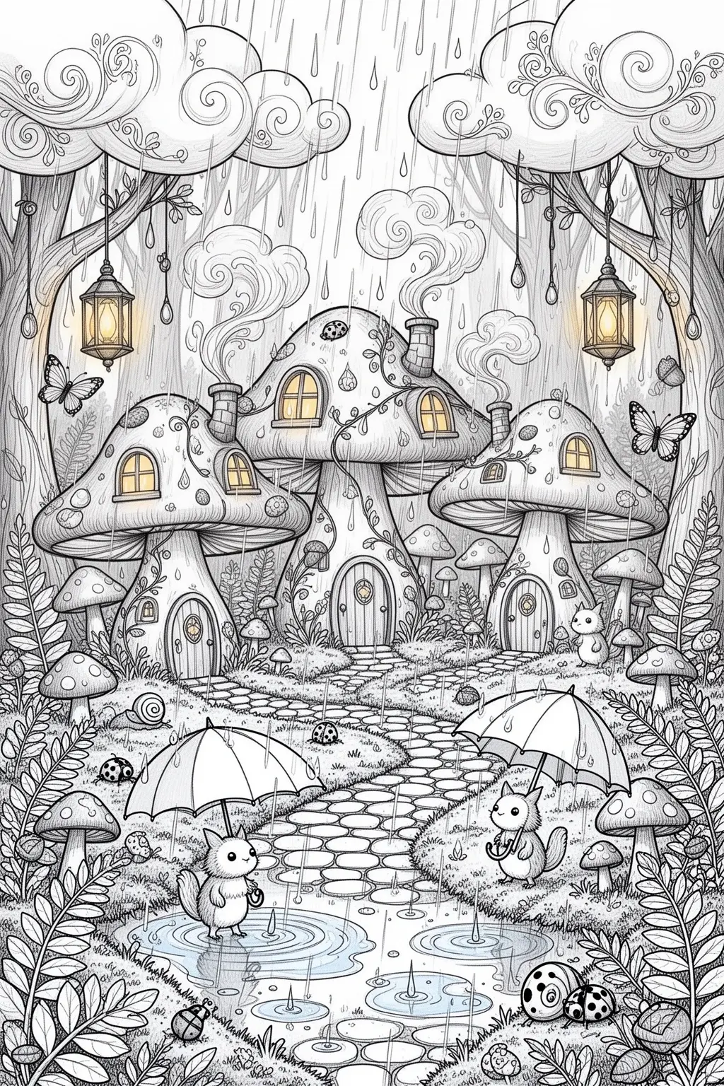 Enchanted Mushroom Houses coloring page in a Magical Rainstorm.