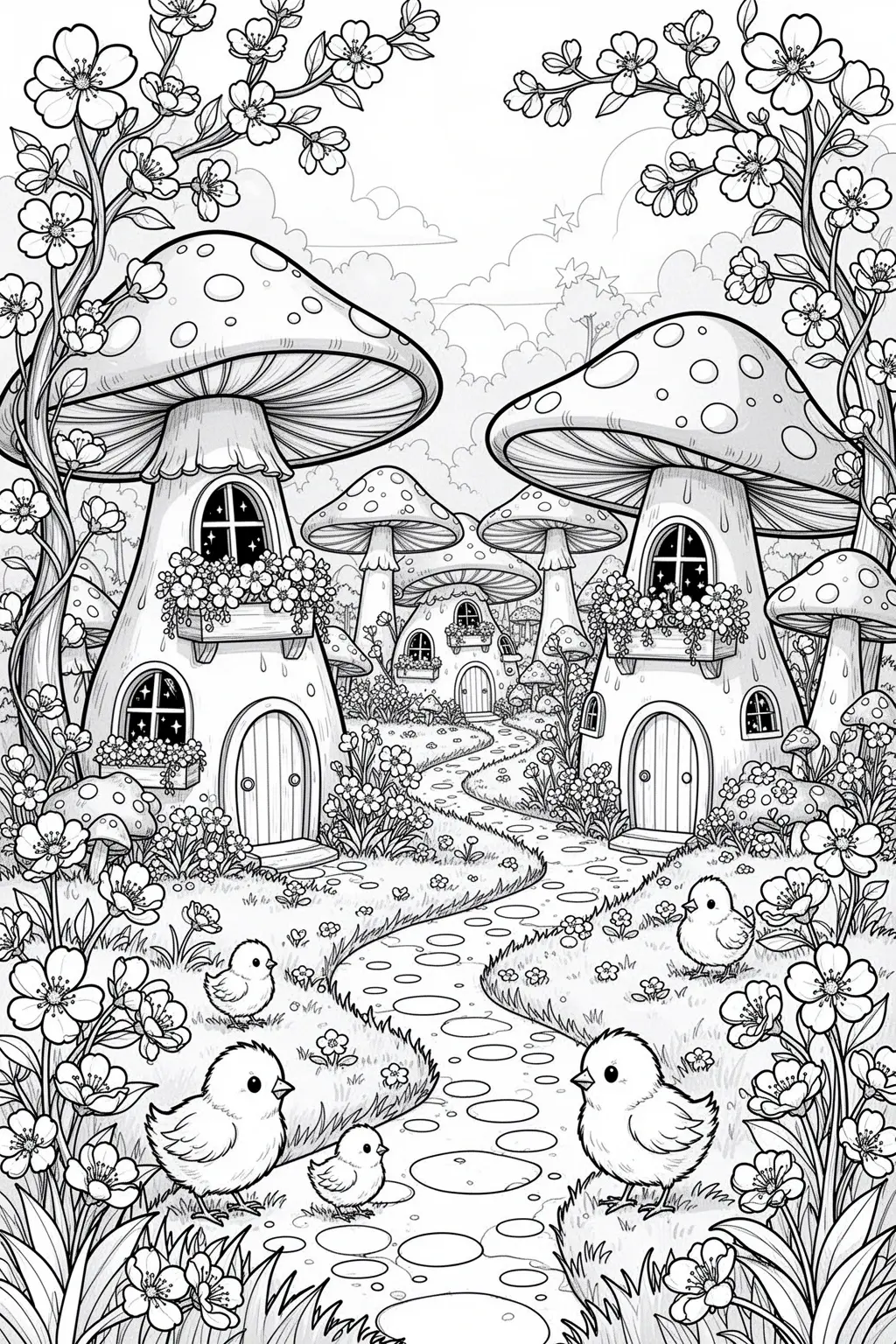 Detailed coloring page of a spring mushroom village with flower boxes, blossom vines, and winding paths.