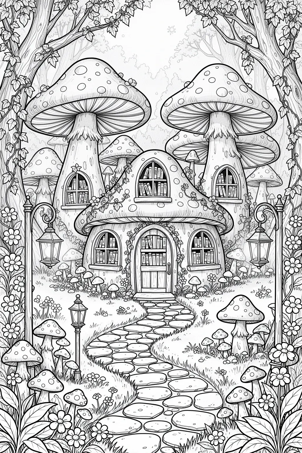 Detailed coloring page of an enchanted mushroom village with a tiny bookshop, winding paths, lanterns, flowers, and whimsical village details.