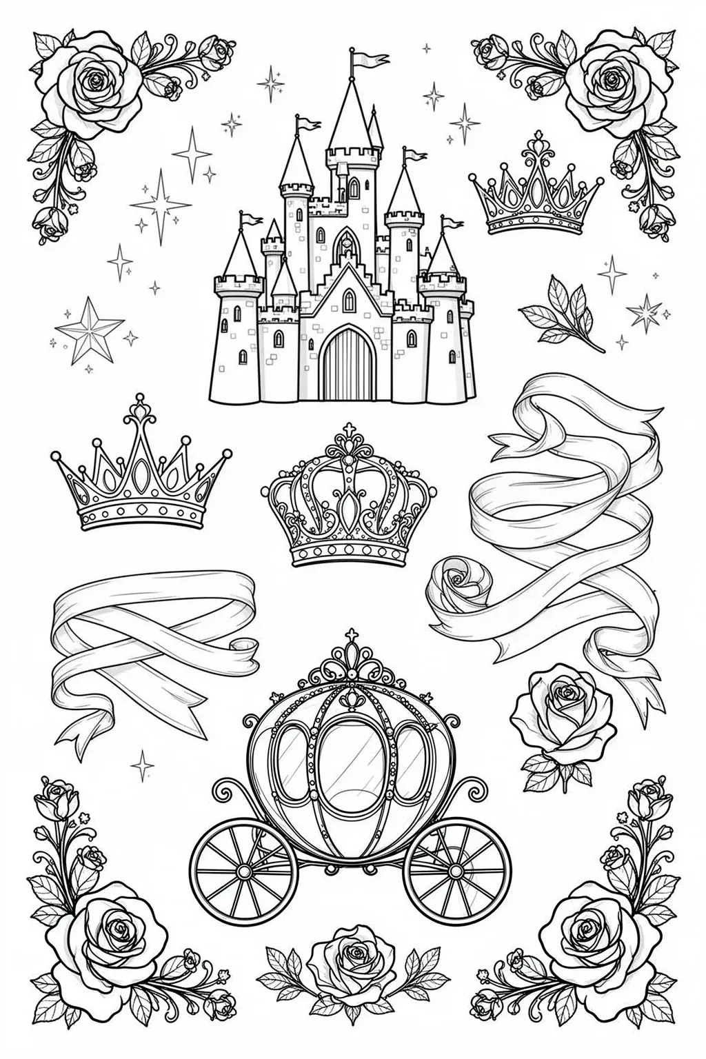 Black and white coloring page of black-and-white printable fairytale symbol sheet with castle, crown, and carriage motifs
