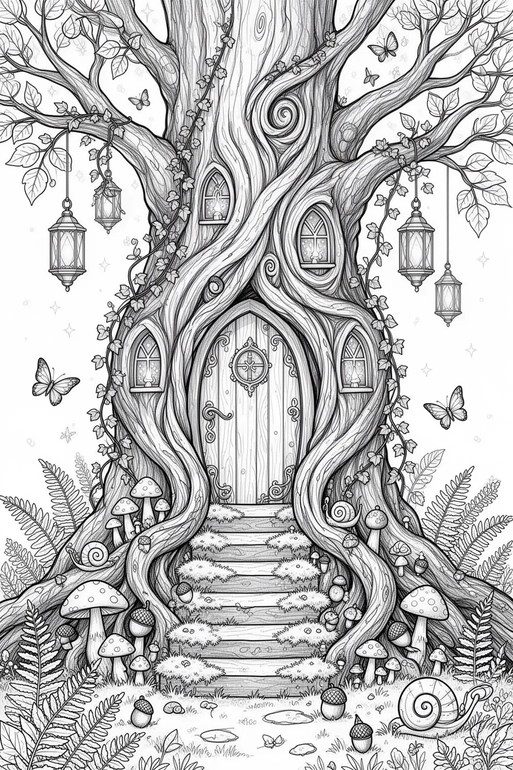 Secret Fairy Door coloring page in an Ancient Oak Tree.