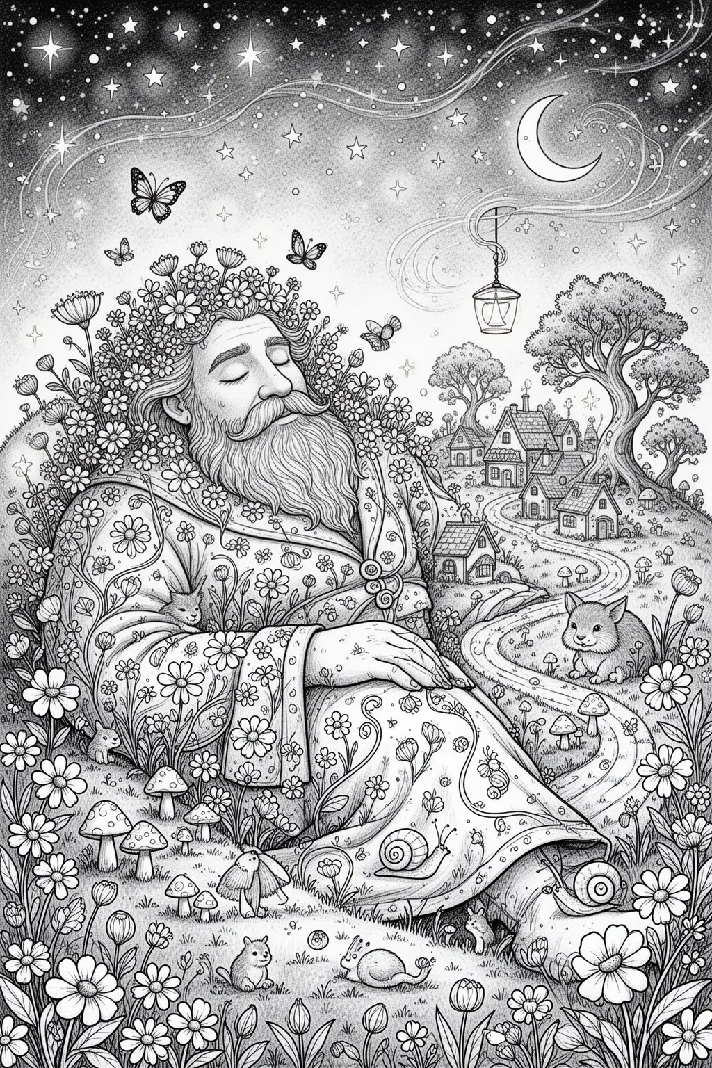 Dreamy Sleeping Giant Wildflower coloring page Printable.