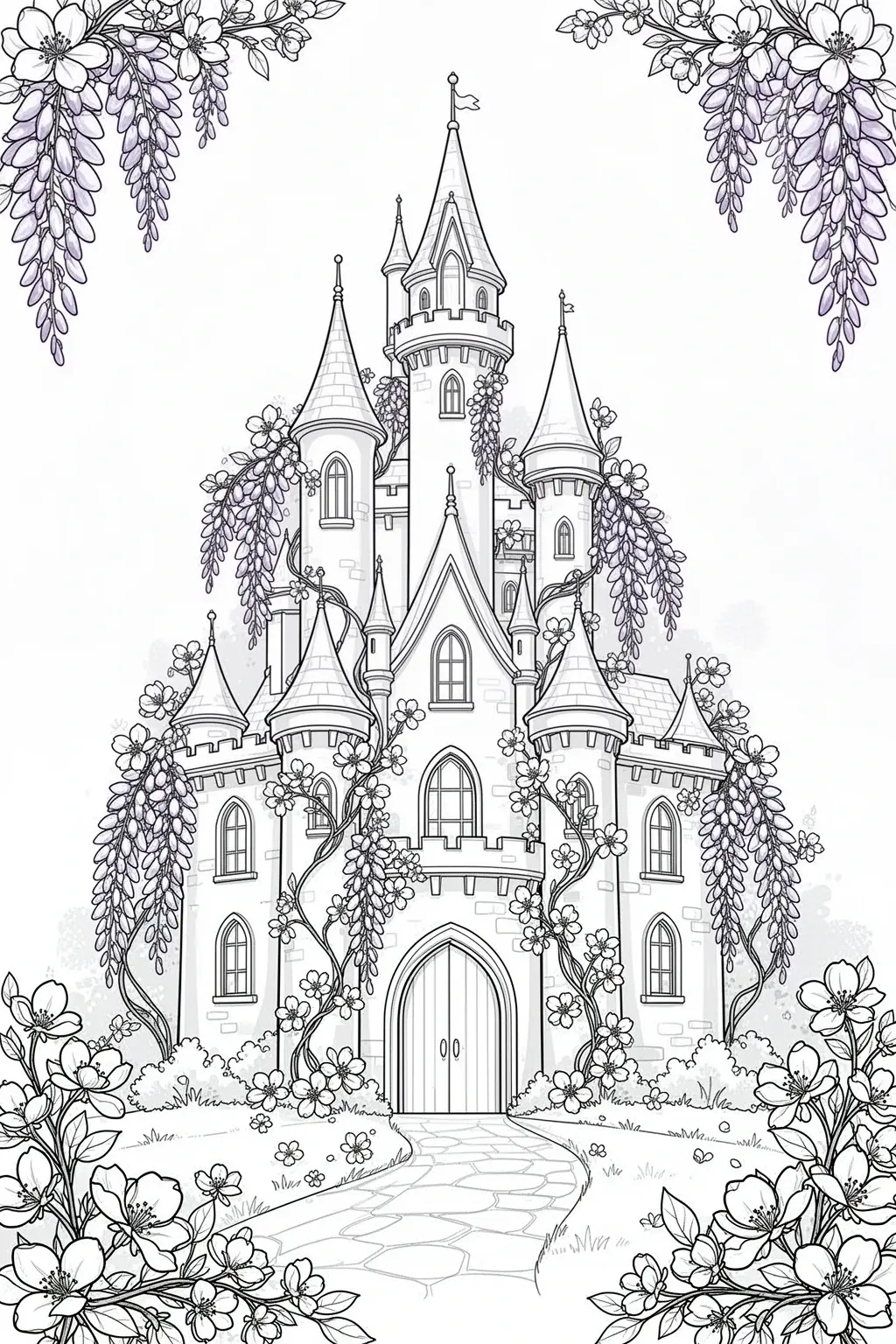 Black-and-white coloring page of a spring castle wrapped in flower vines.