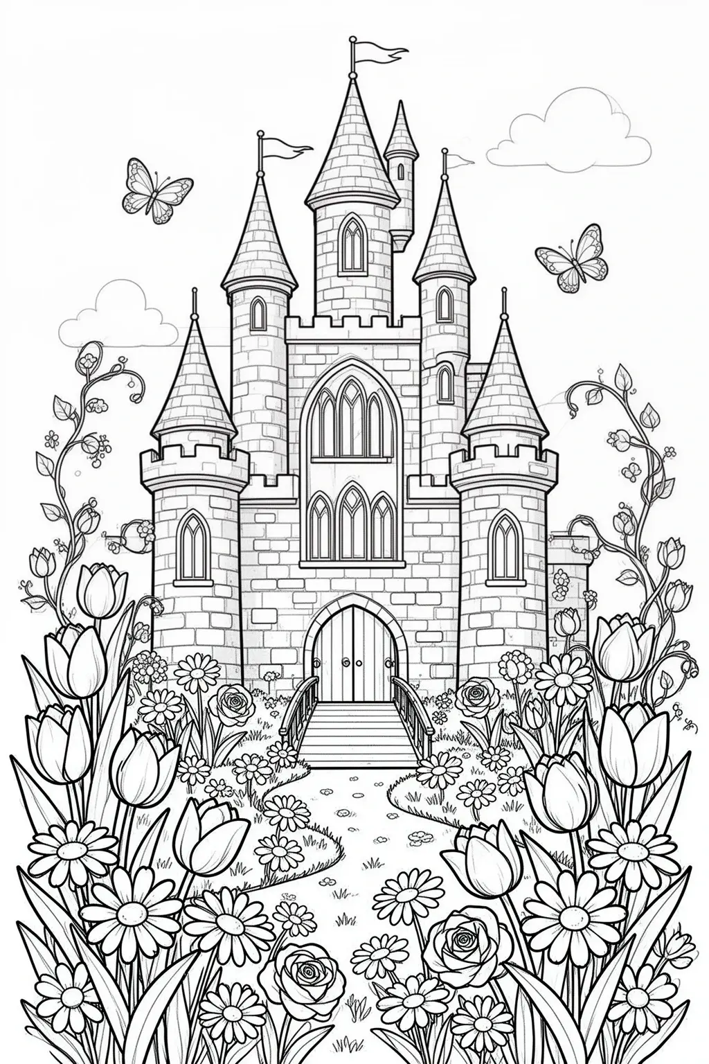Spring Castle With Flowers coloring page.