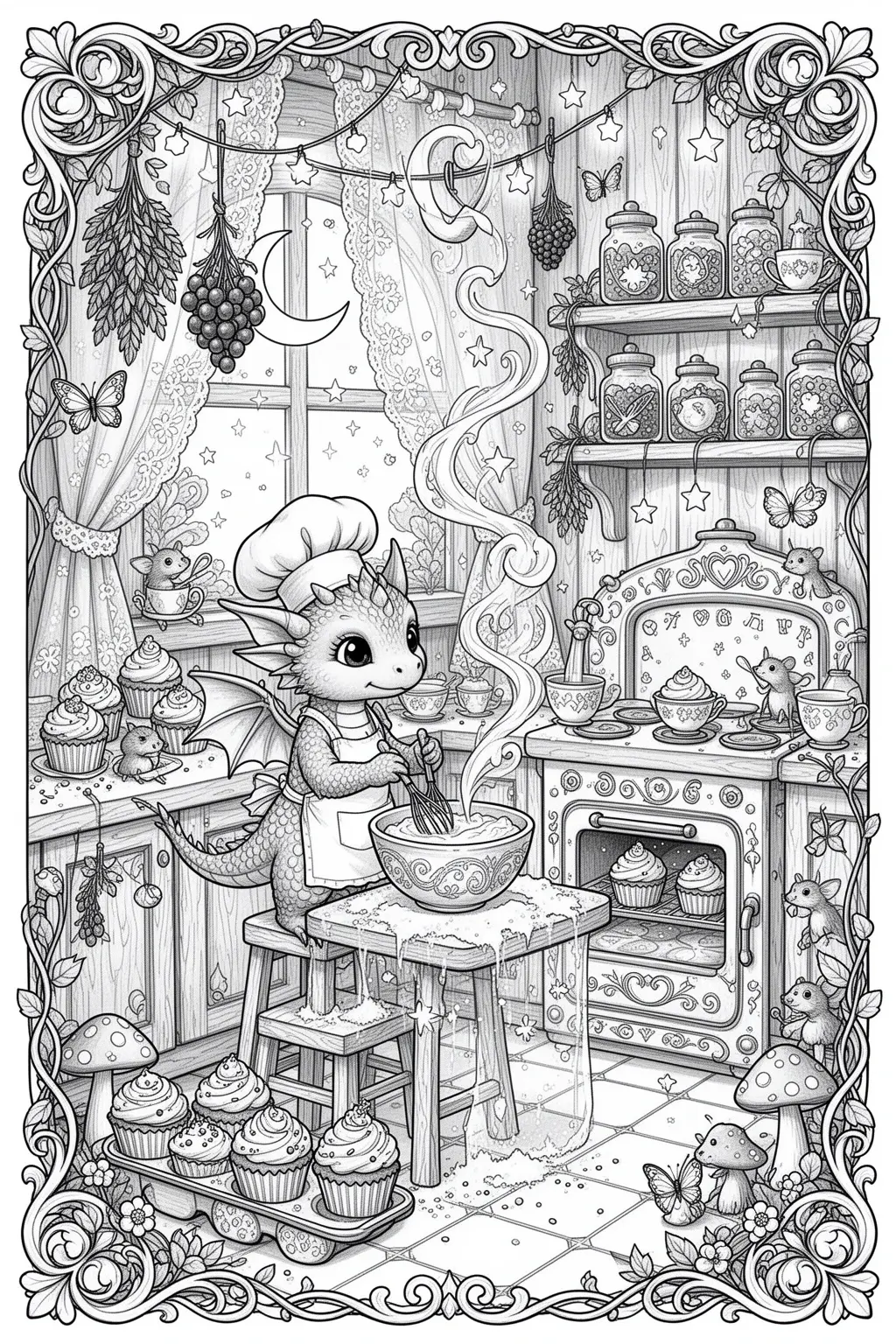 MAGICAL Tiny Dragon Baking Cupcakes coloring page.