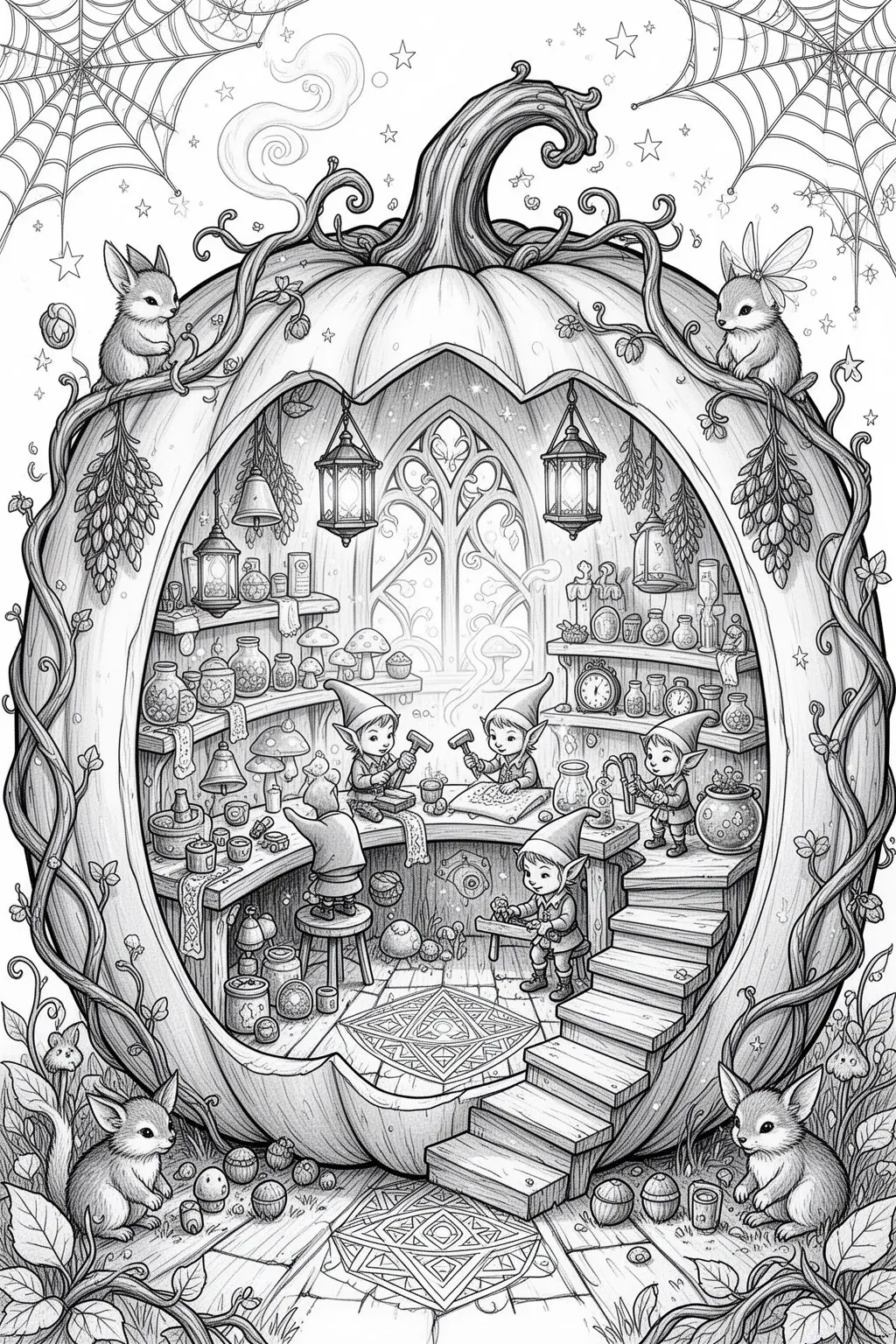 Tiny Elf Pumpkin Workshop coloring page.
