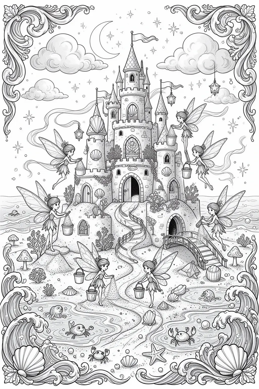 Tiny Fairies, Grand Dreams | Magical Sandcastle City coloring page.