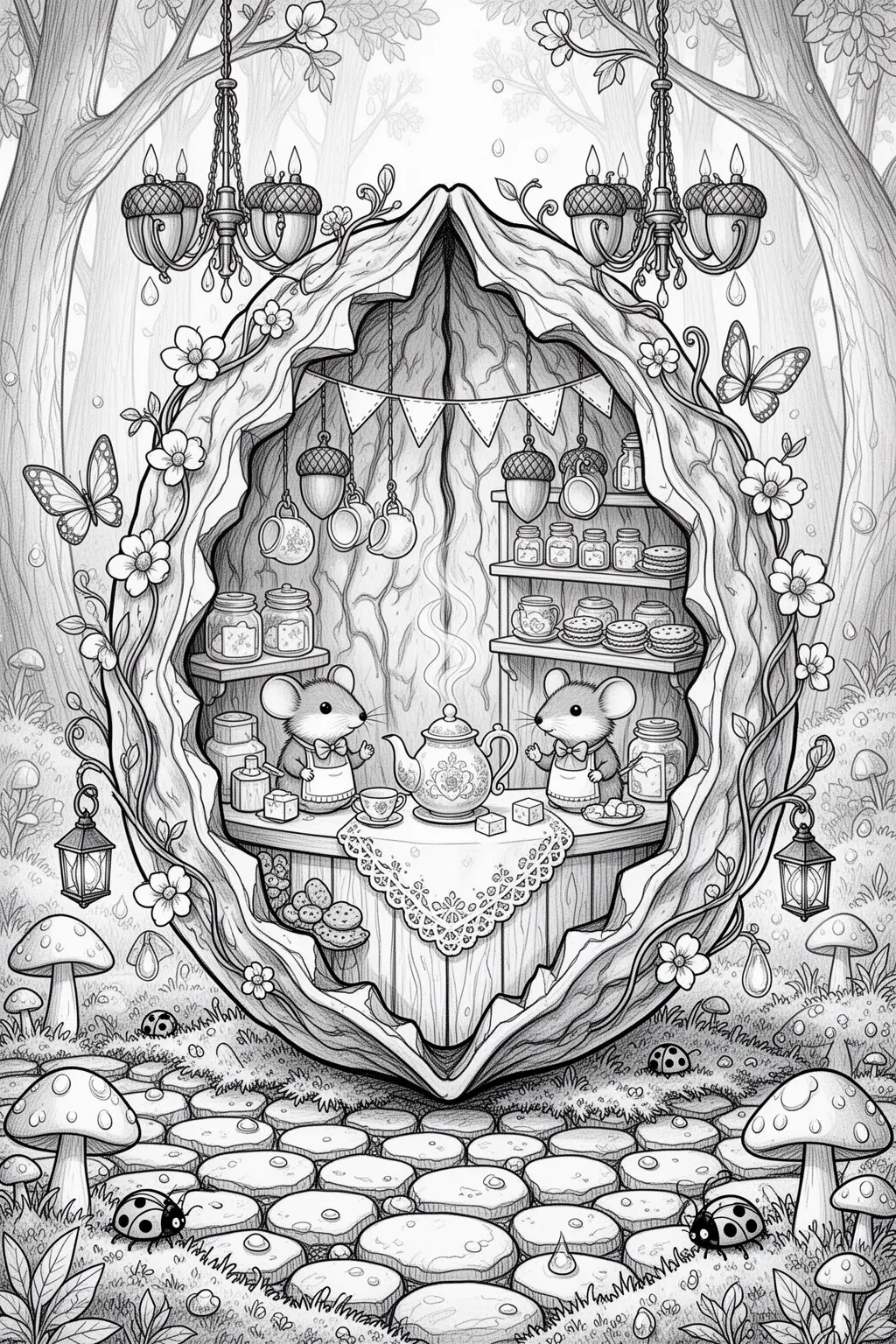Tiny Mouse Tea Shop in a Walnut | Magical coloring page.