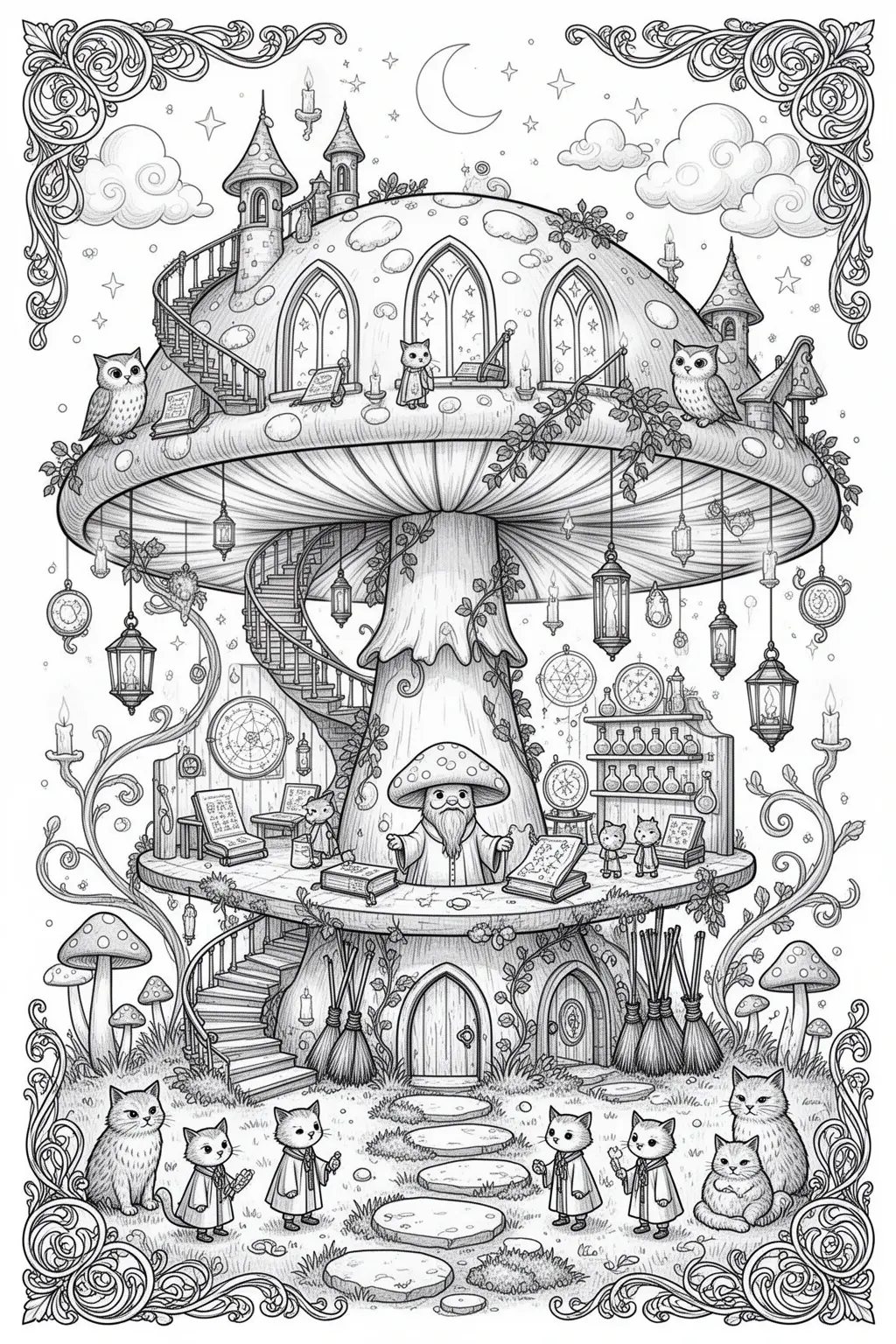 Enchanted Tiny Wizard School coloring page Inside a Mushroom.