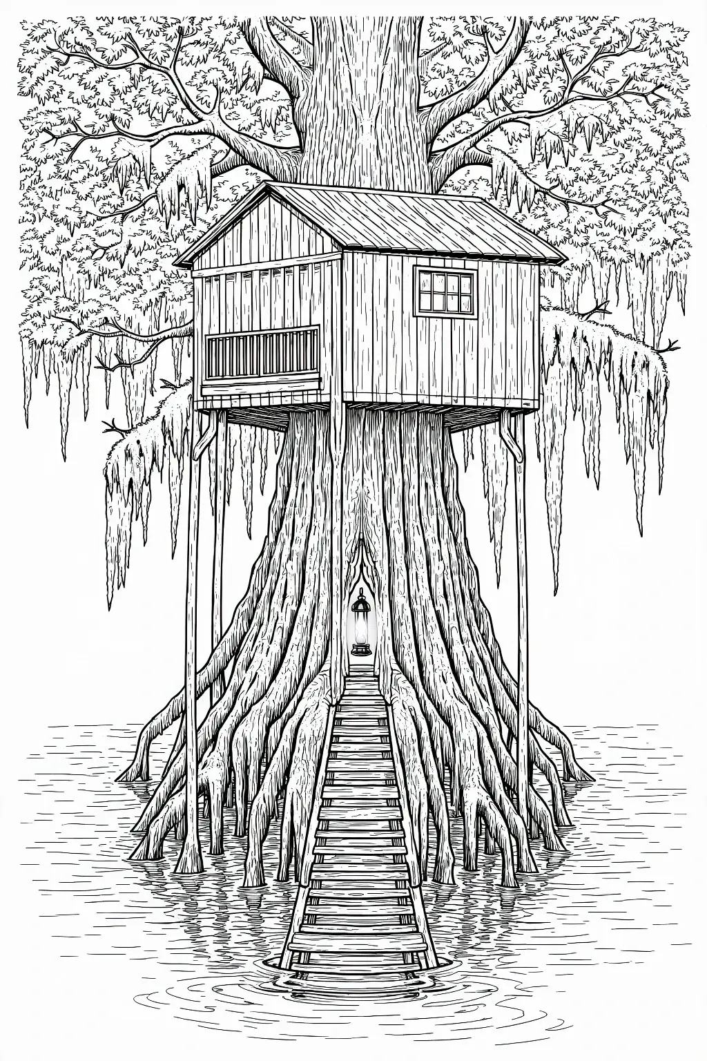 Intricate treehouse on a giant tree with ladder over water detailed coloring page, kids' coloring page, printable coloring page, coloring sheets.